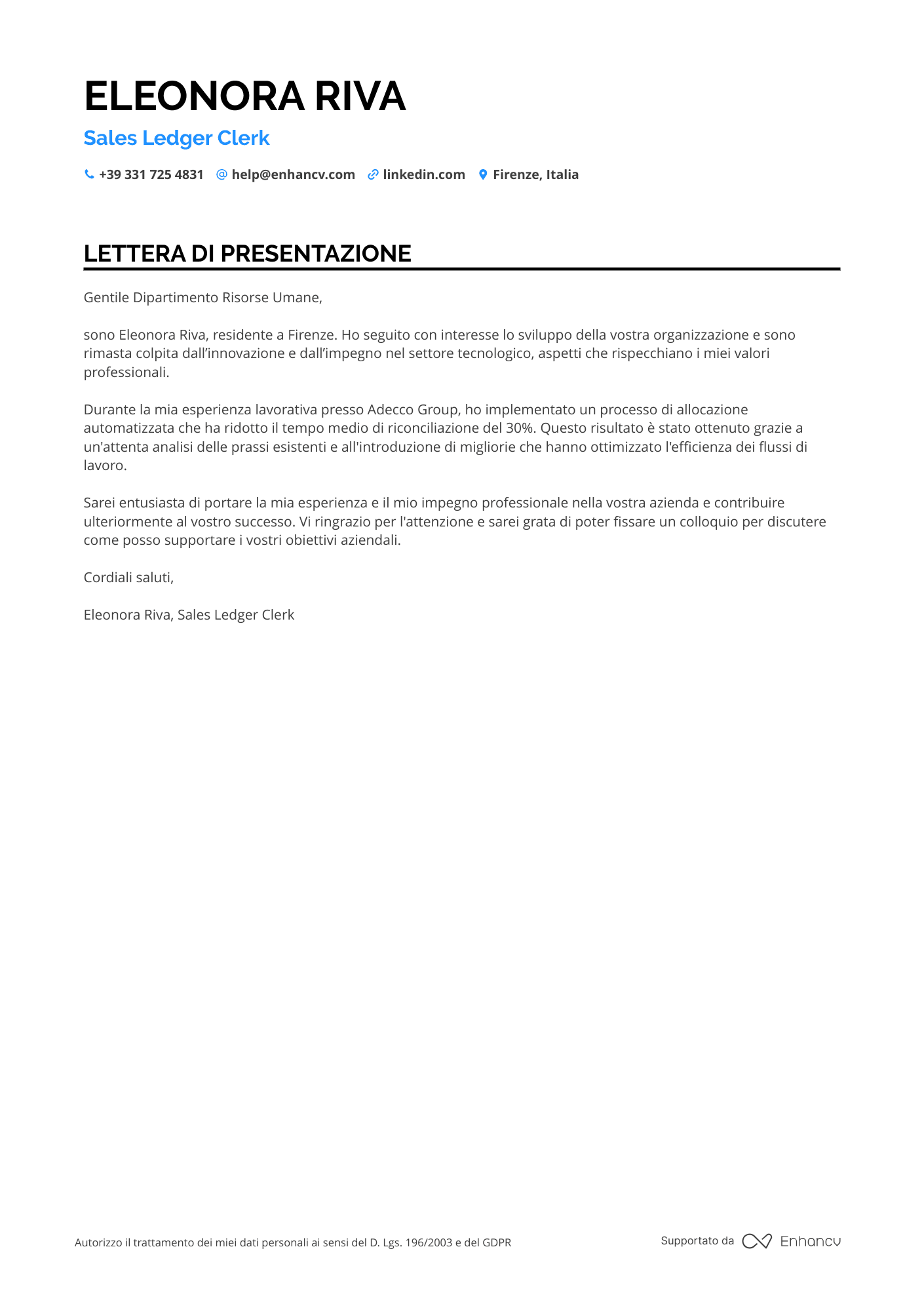 Addetto Alle Vendite Lettera di presentazione