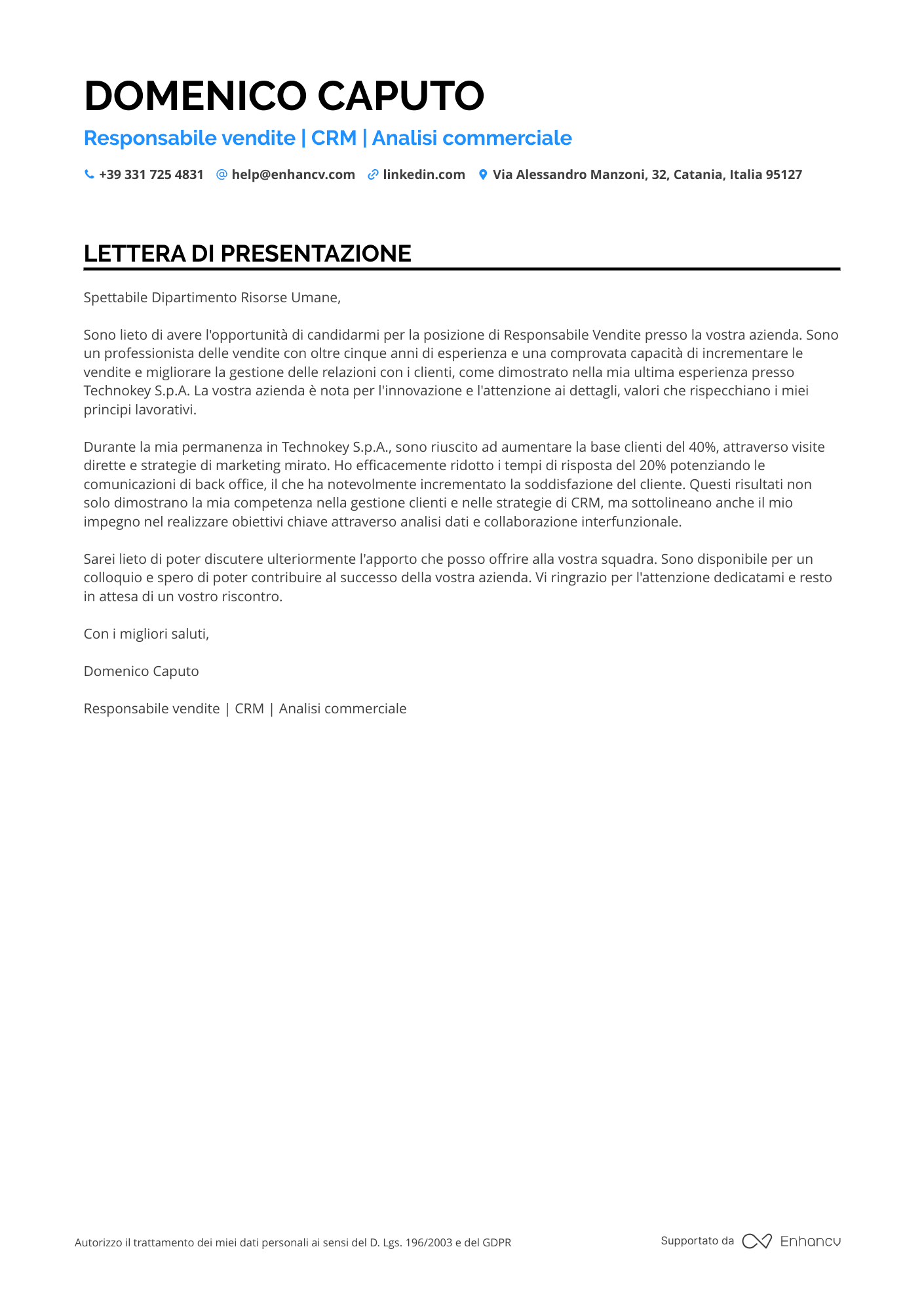 Venditore Lettera di presentazione