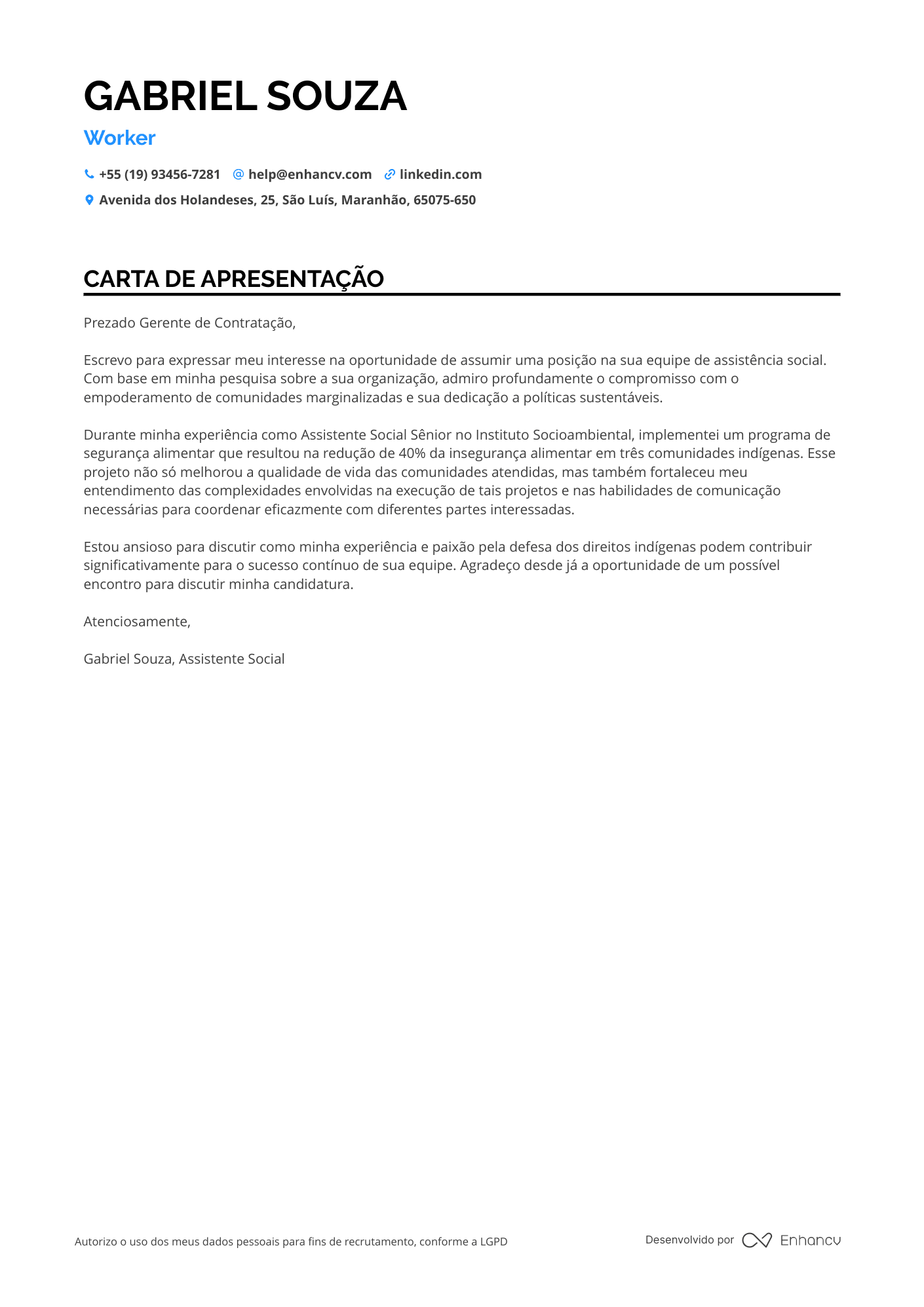 Assistente Social Carta de apresentação