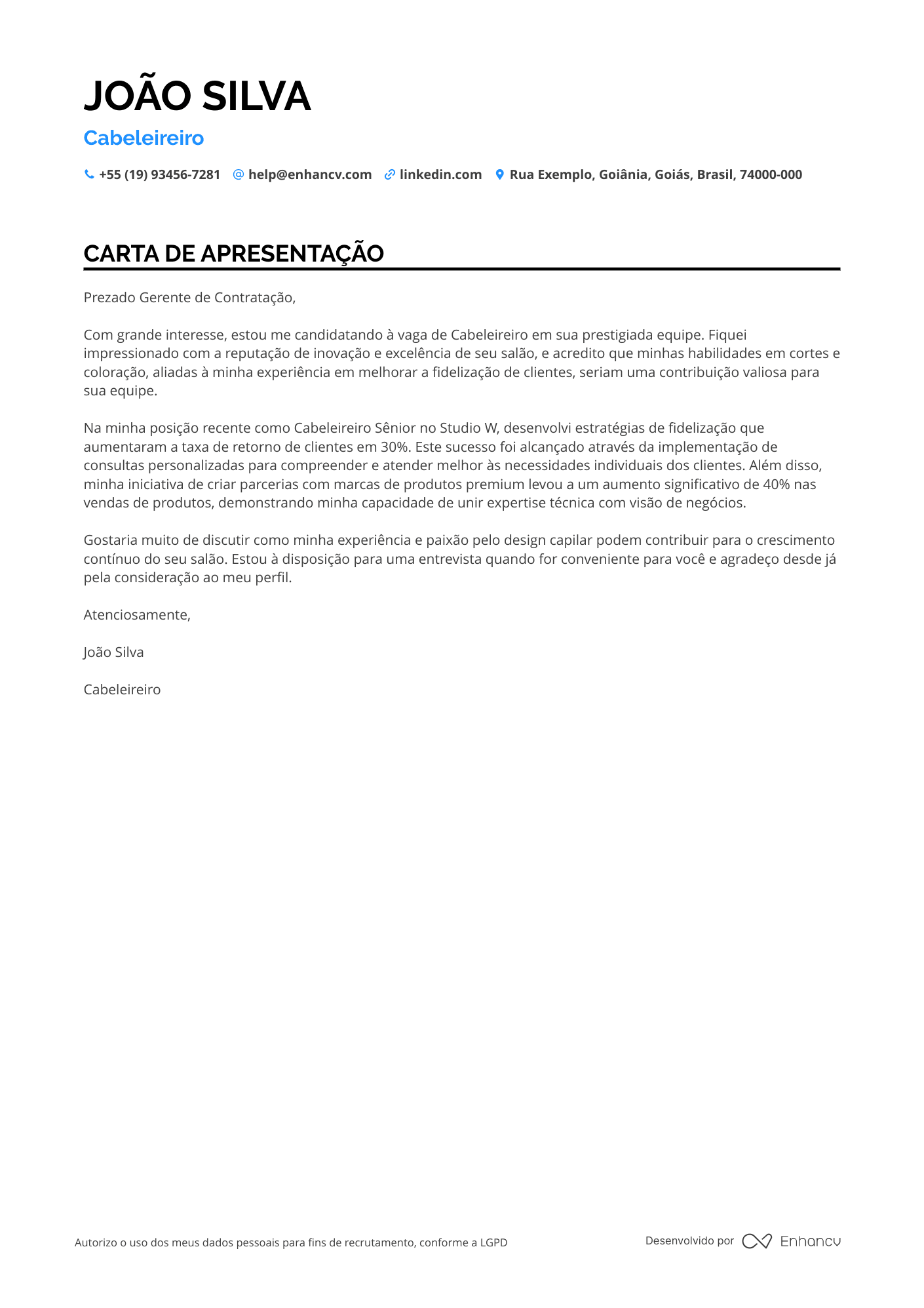 Cabeleireiro Carta de apresentação