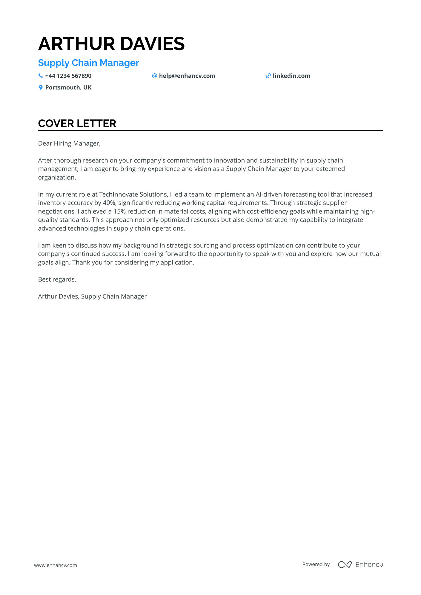 Supply Chain Manager cover letter