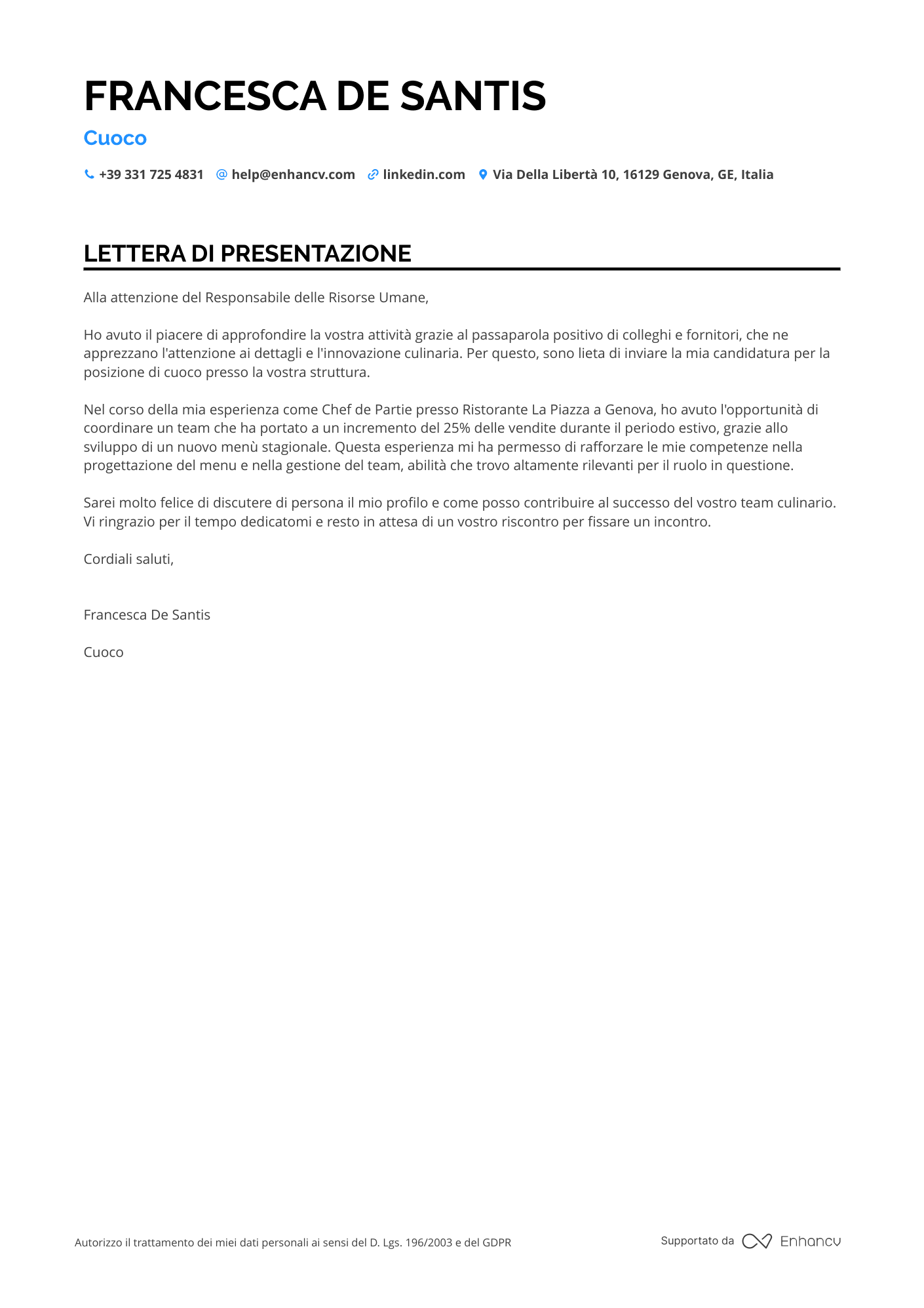 Cuoco Lettera di presentazione