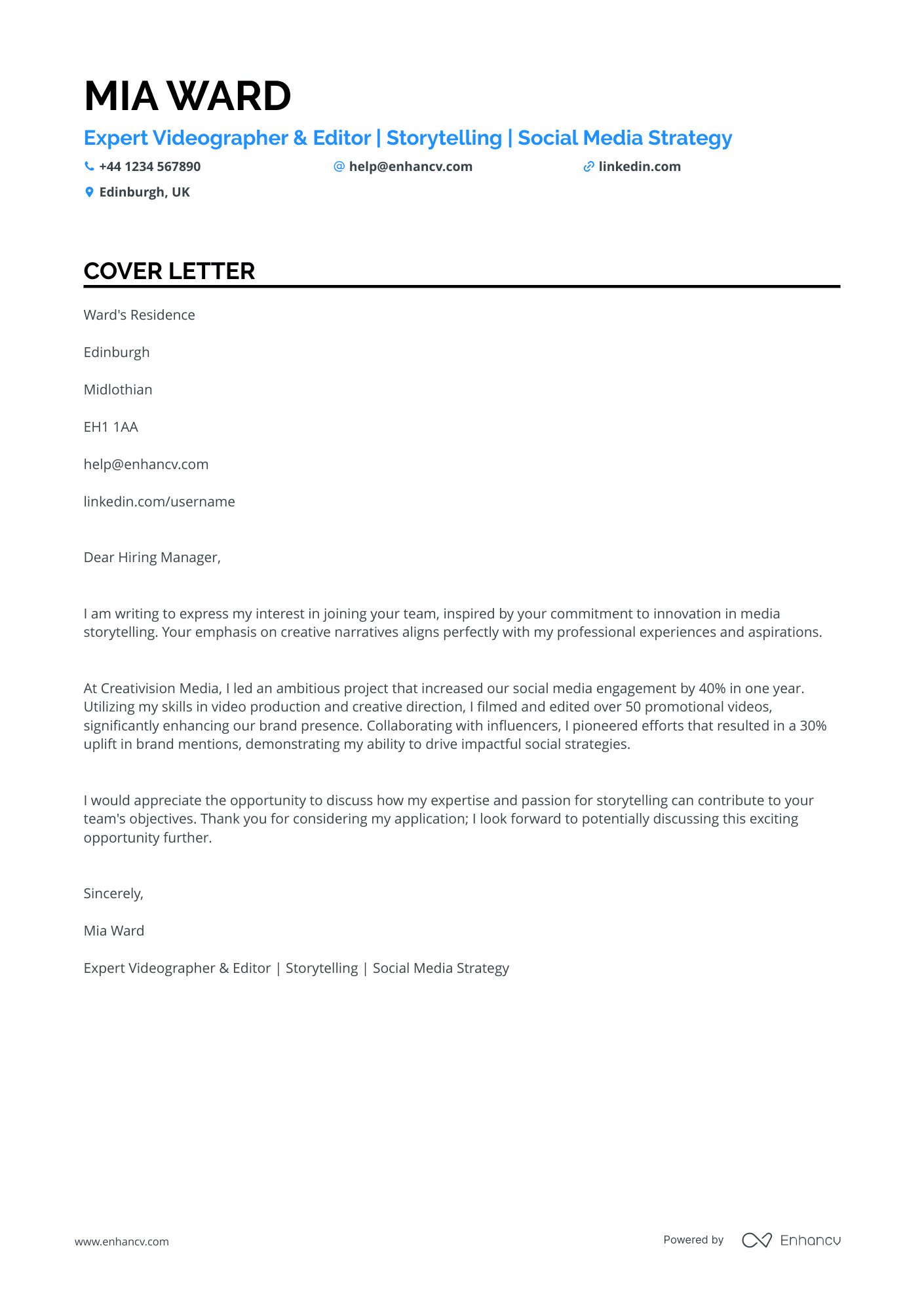 Videographer cover letter