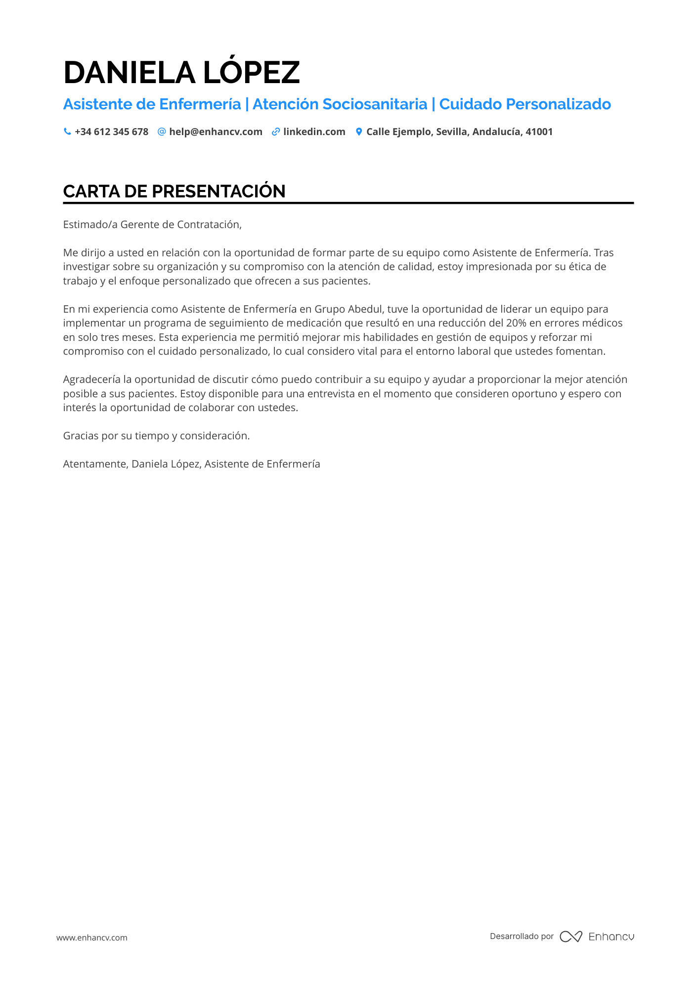 Auxiliar de Enfermería Carta de presentación