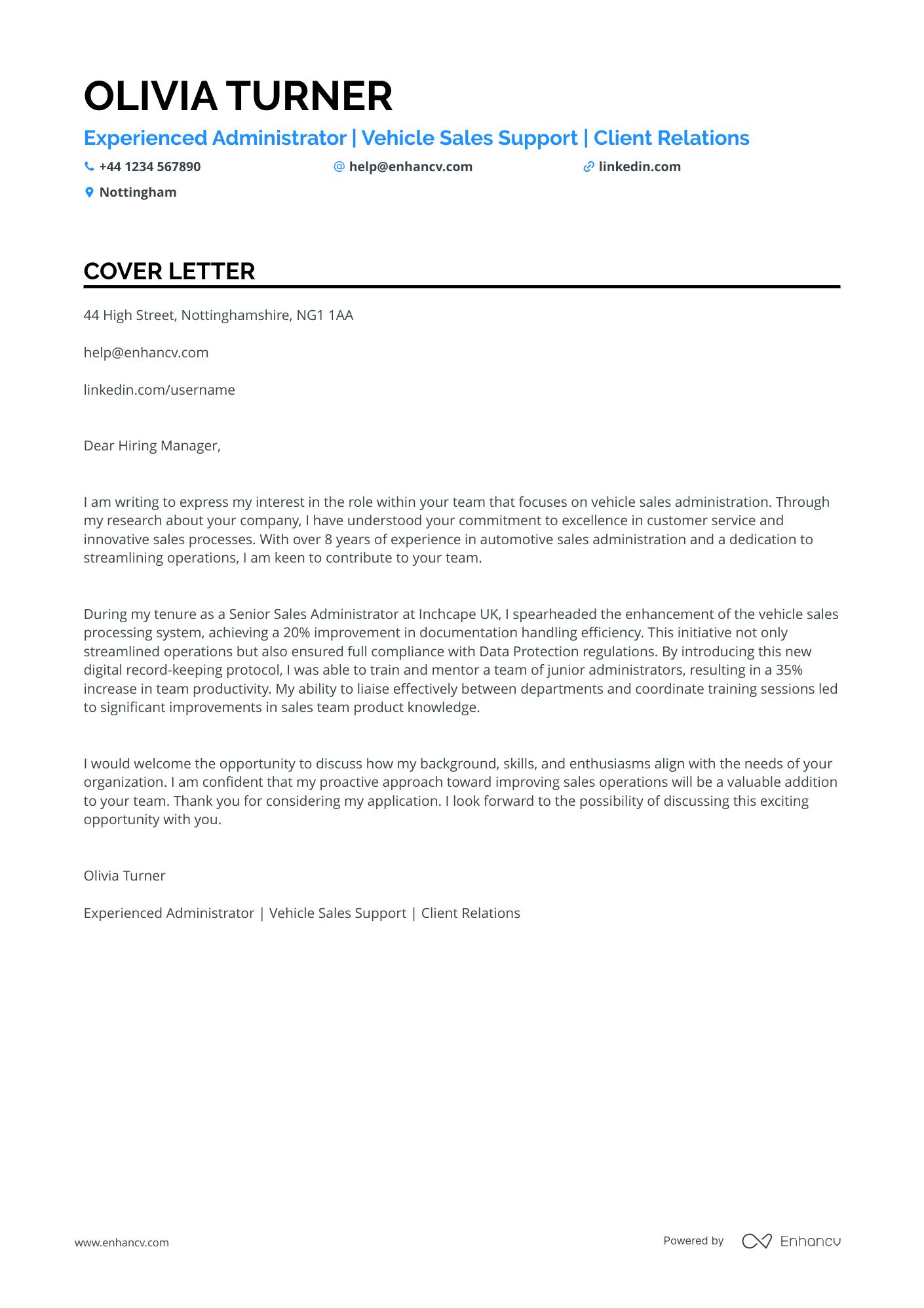 Sales Administrator cover letter