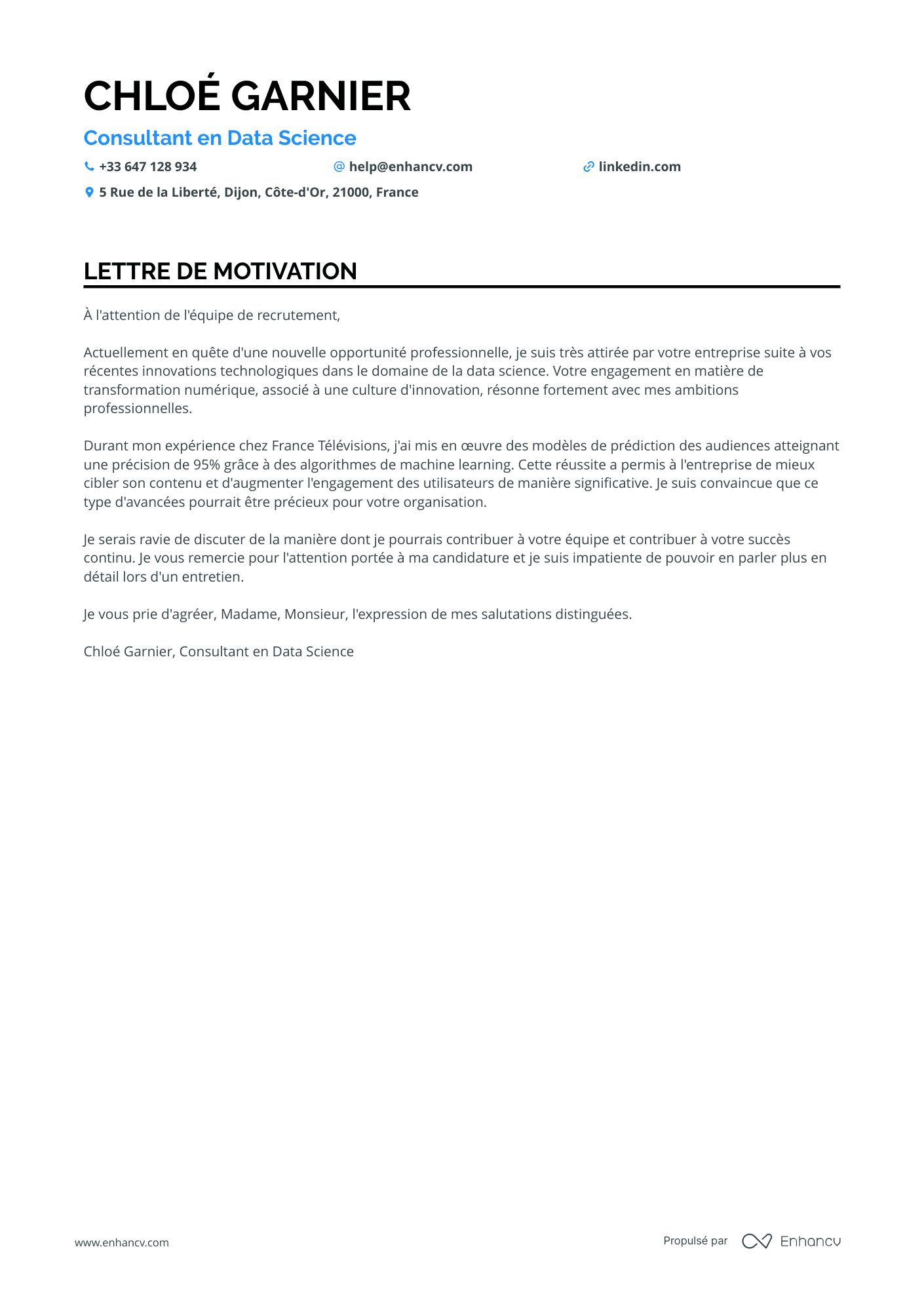 Data Scientist Lettre de motivation