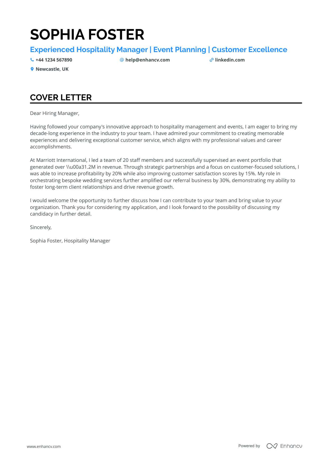 Hospitality Manager cover letter