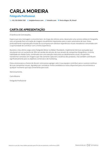 Fotógrafo Carta de apresentação