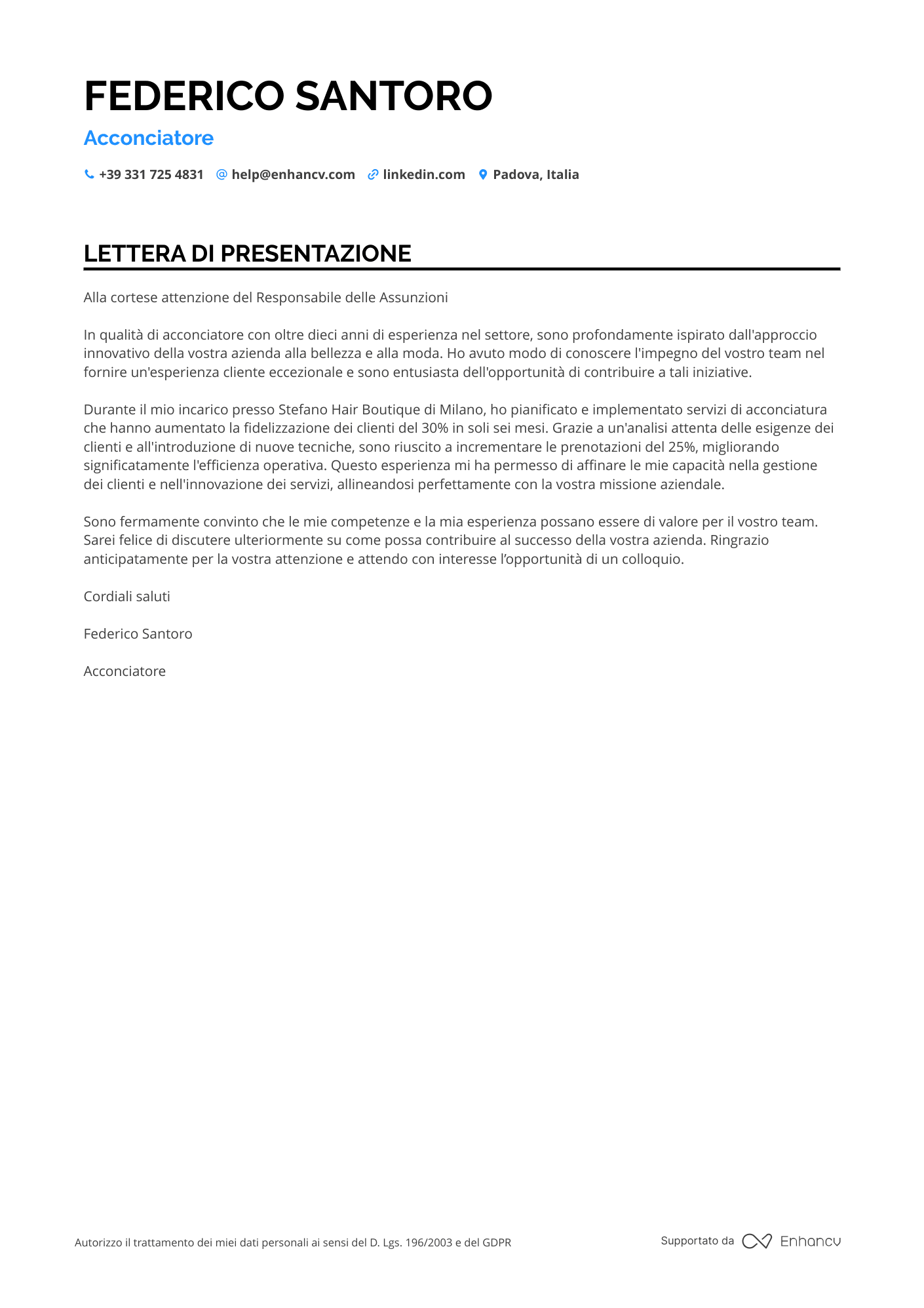 Parrucchiera Lettera di presentazione