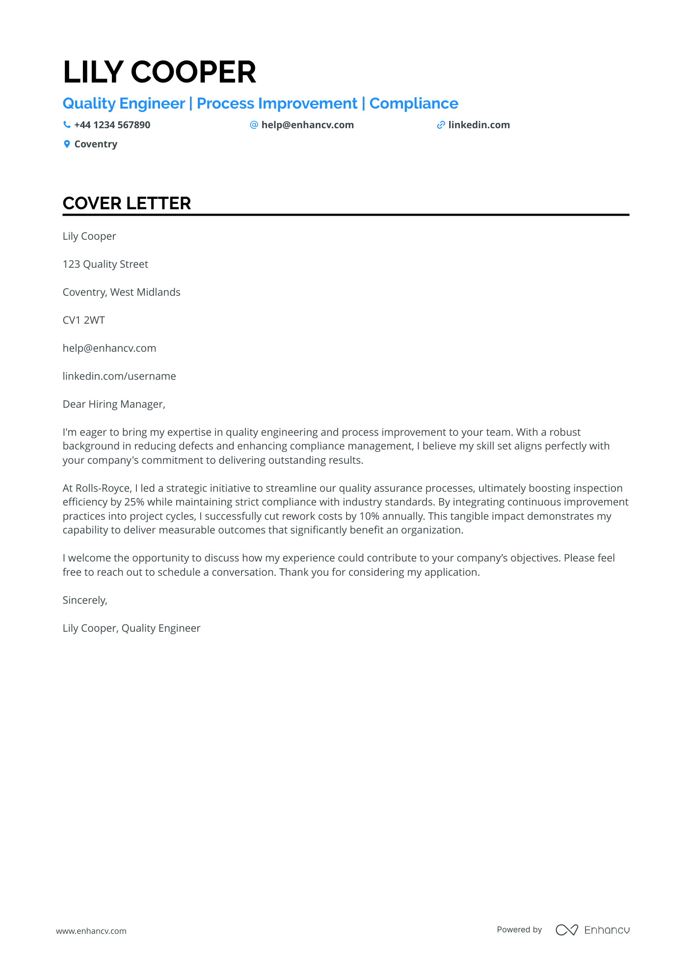 Quality Engineer cover letter