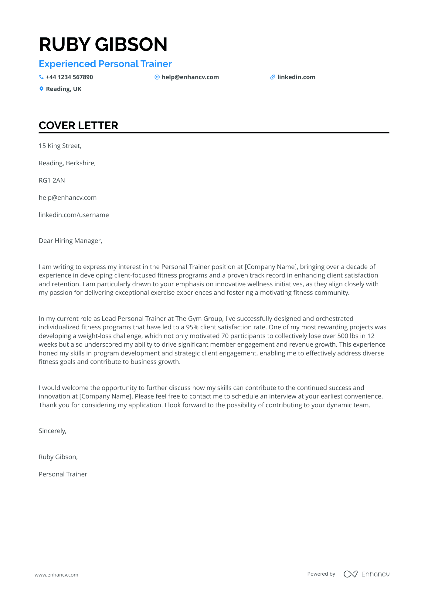 Personal Trainer cover letter