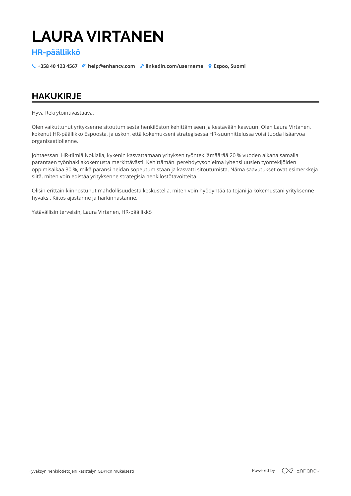 HR päällikkö Hakukirje