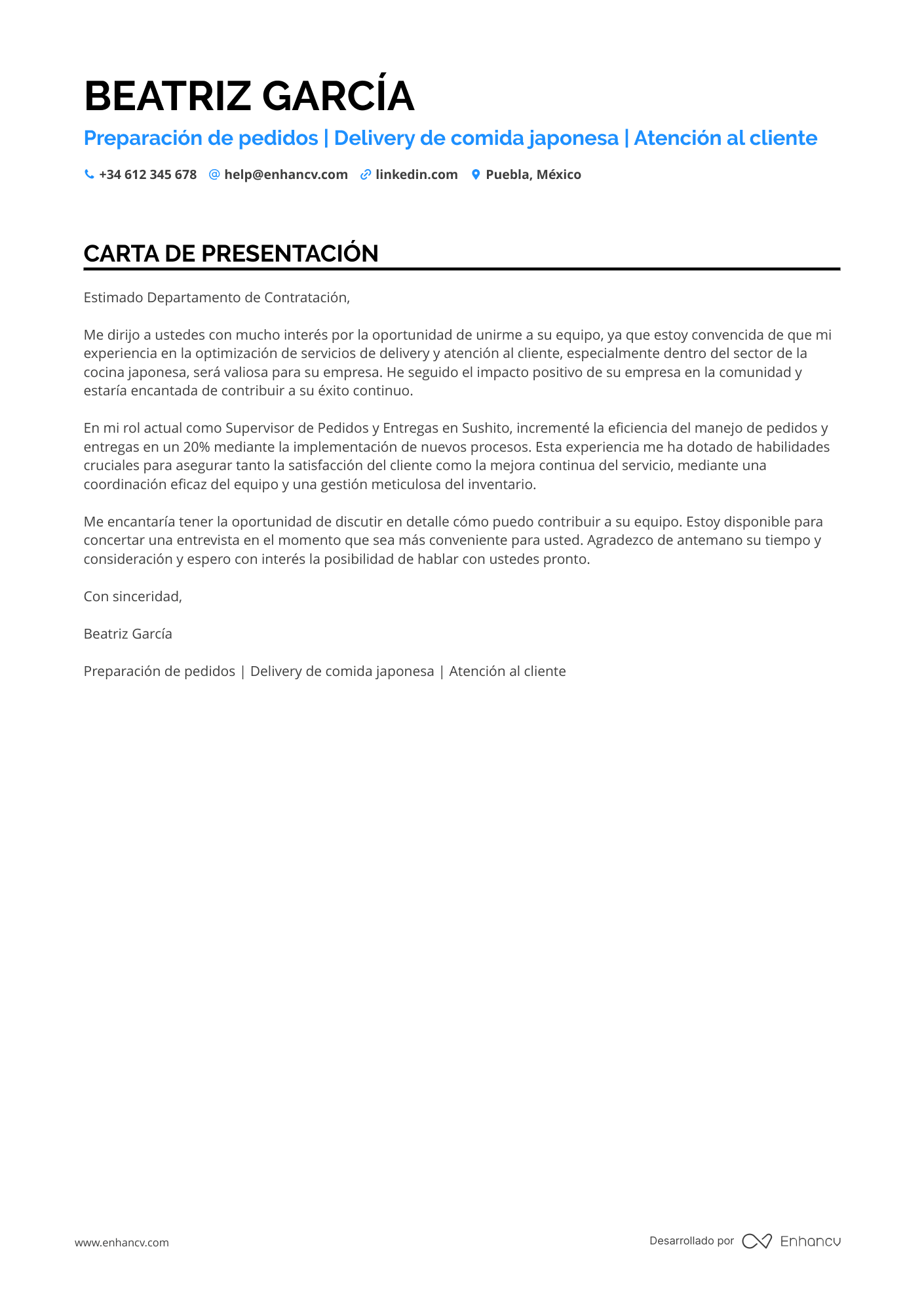 Camarero Carta de presentación