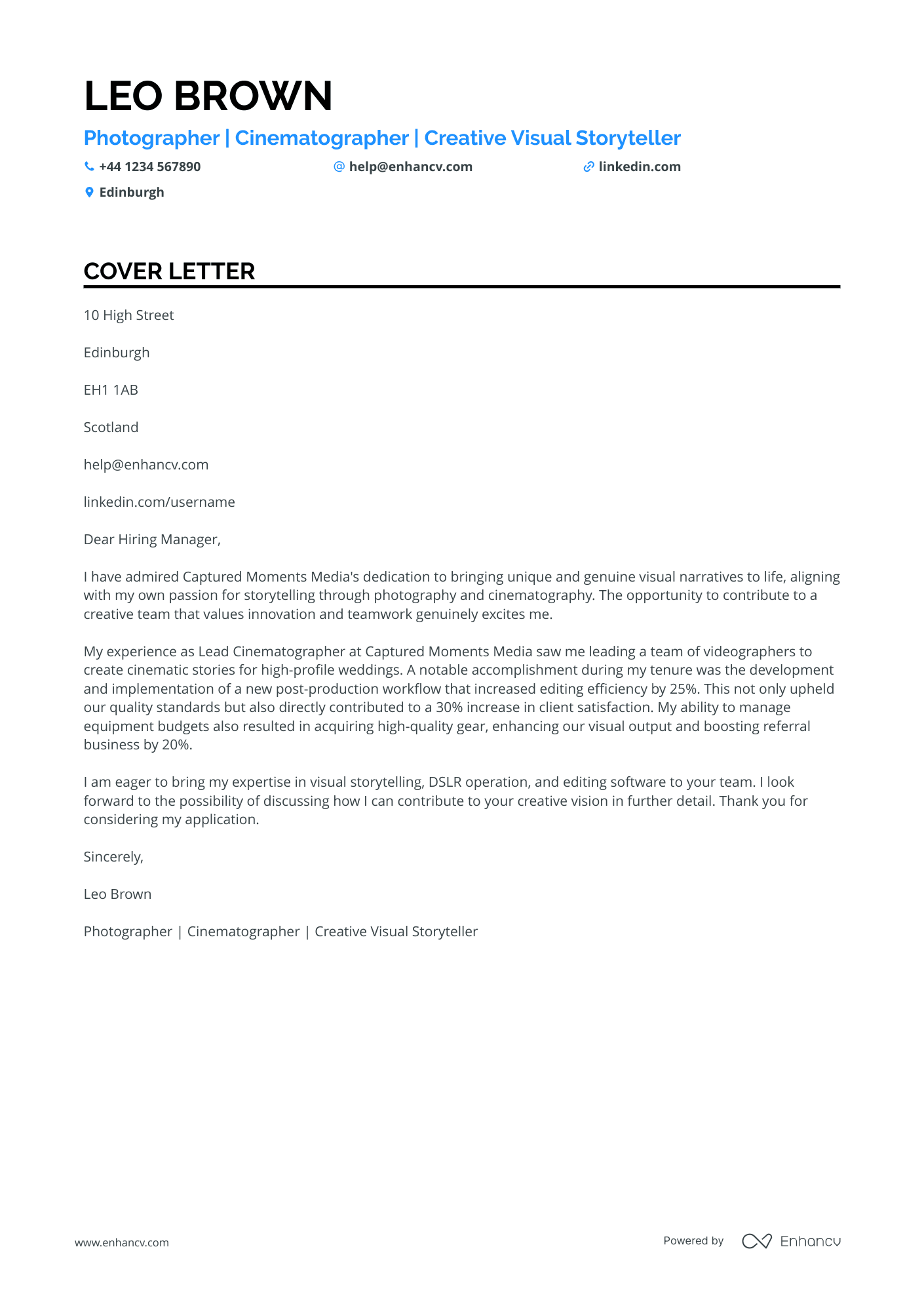 Cinematographer cover letter