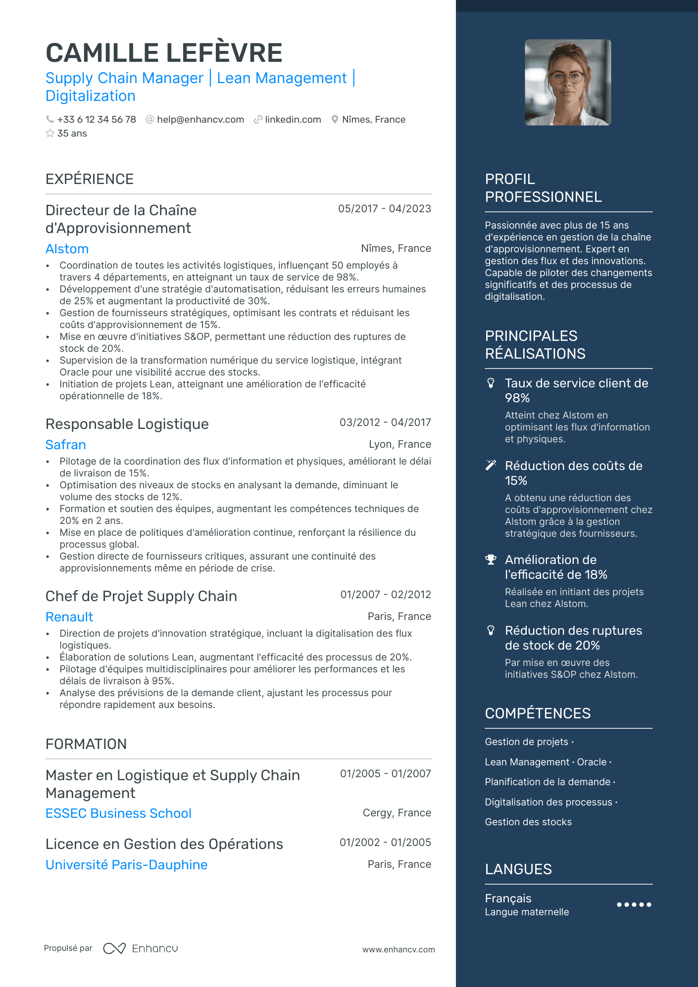 Manager de la Chaîne d'Approvisionnement resume example