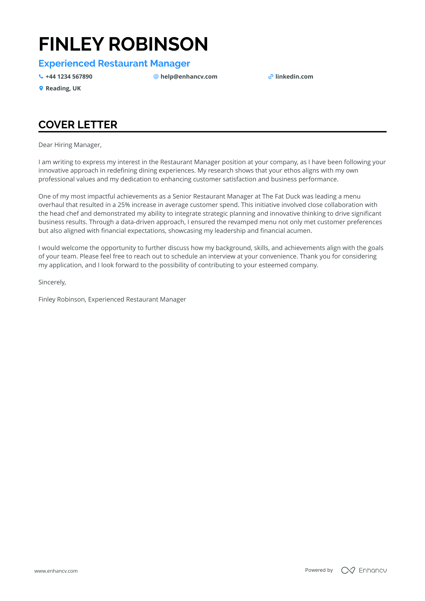 Restaurant General Manager cover letter