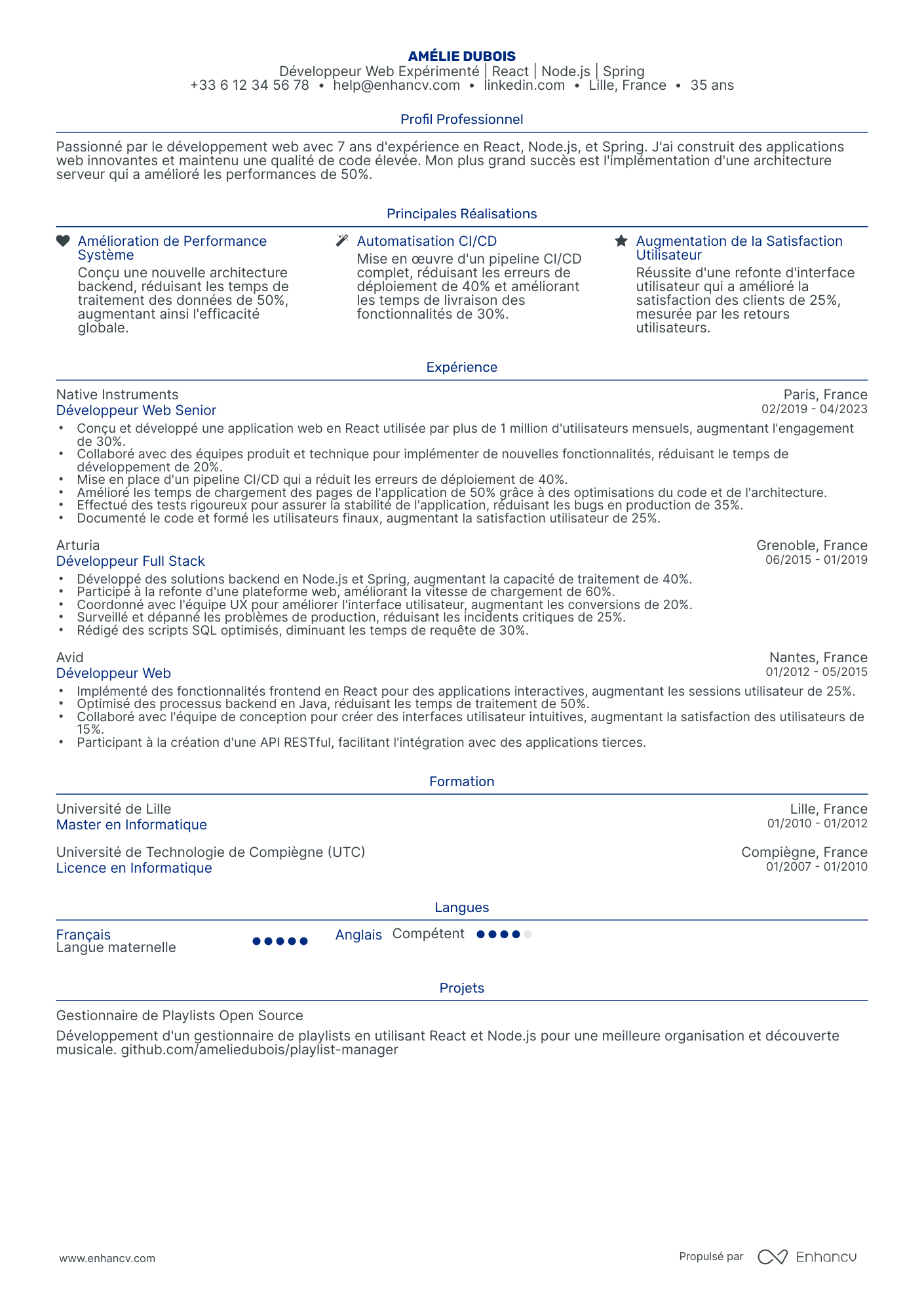 Web Développeur resume example