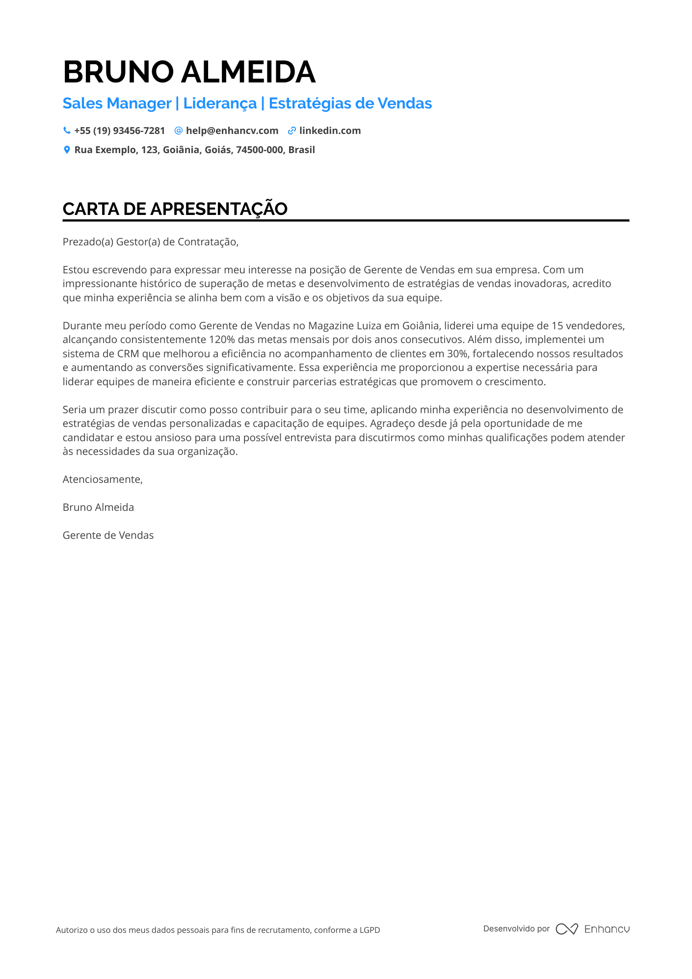 Gerente de vendas Carta de apresentação