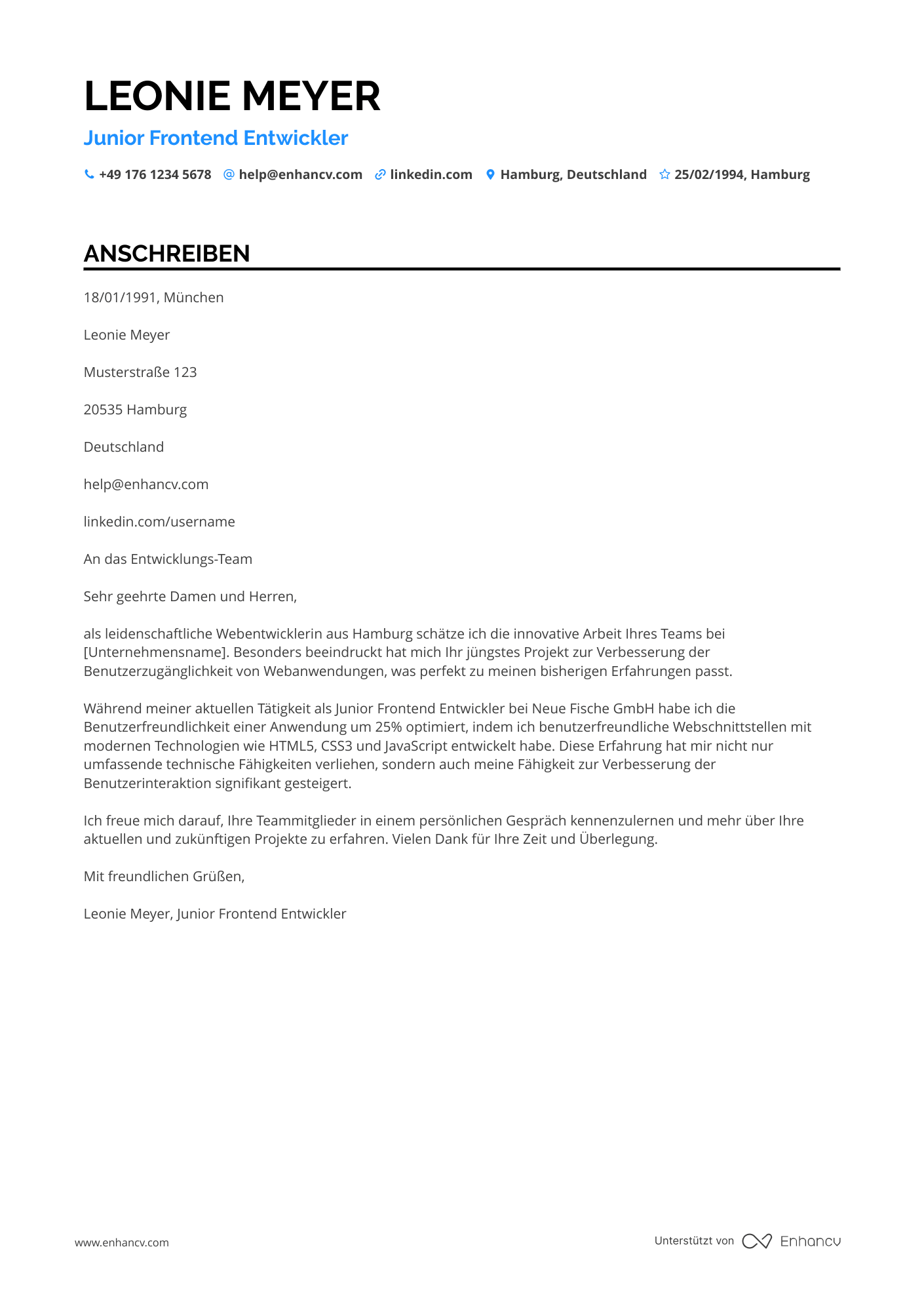 Frontend Entwickler Bewerbungsschreiben Beispiele für 2025
