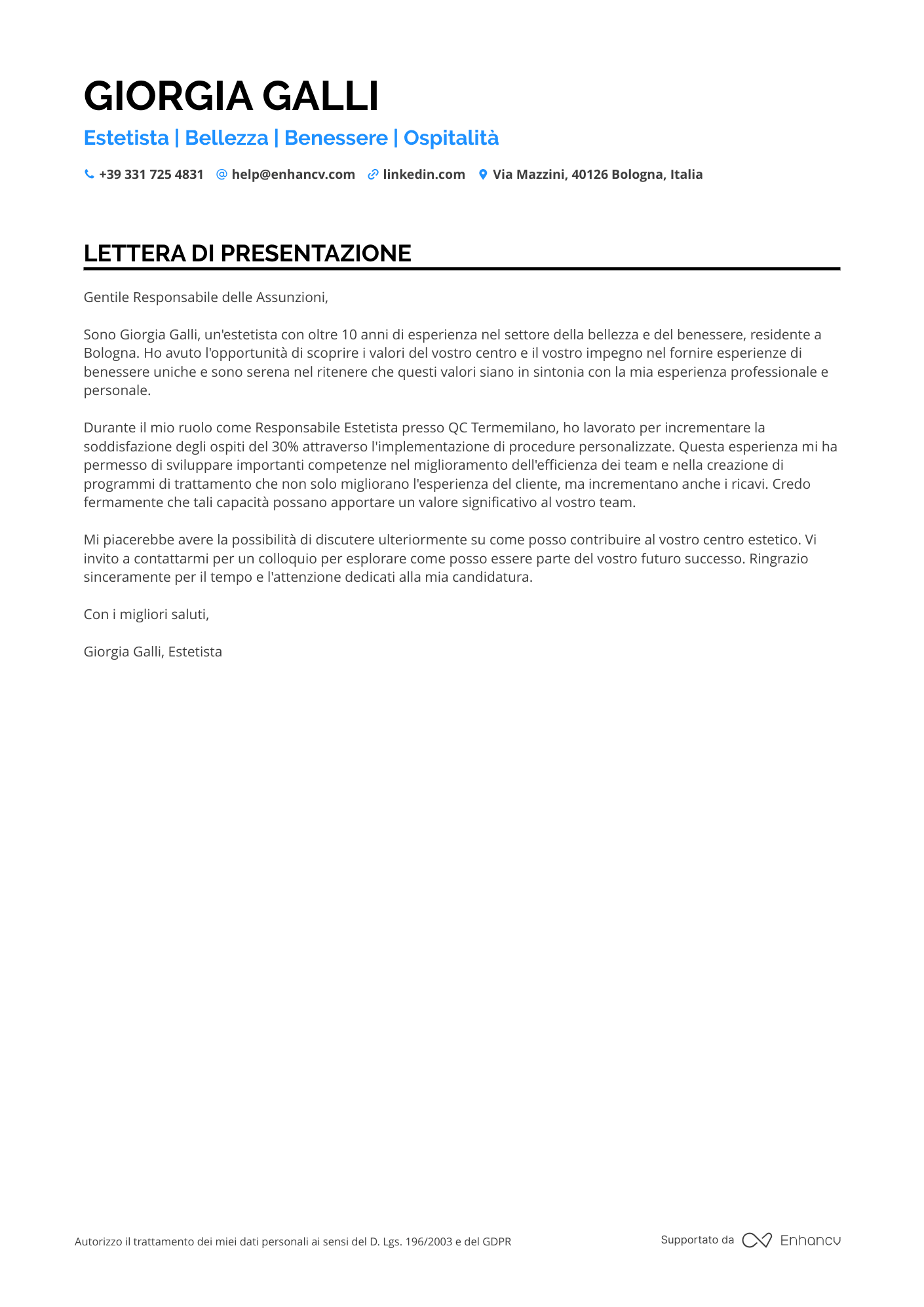 Estetista Lettera di presentazione
