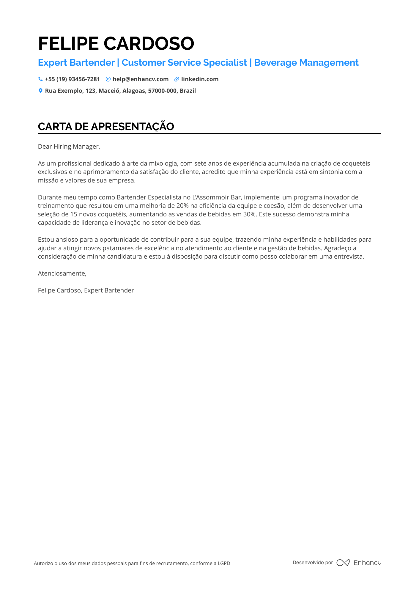Barman Carta de apresentação