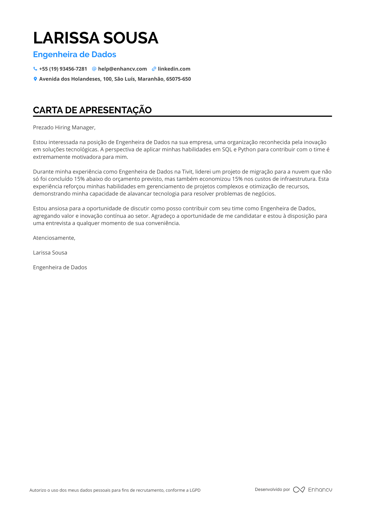 Engenheiro de dados Carta de apresentação