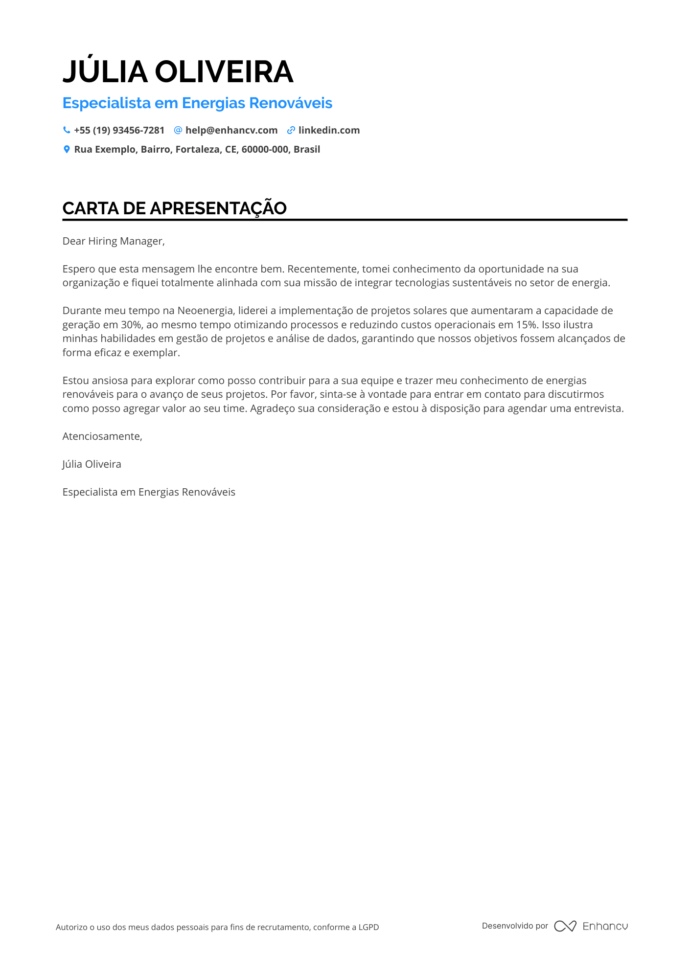 Representante de vendas Carta de apresentação