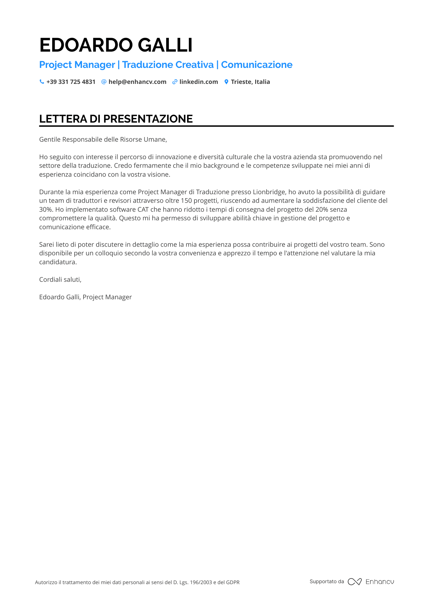 Traduttore Lettera di presentazione