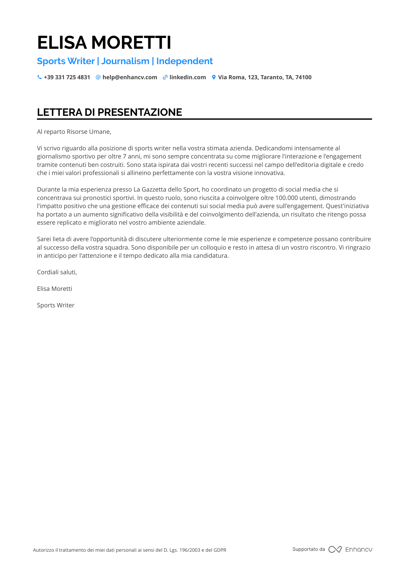 Sportivo Lettera di presentazione