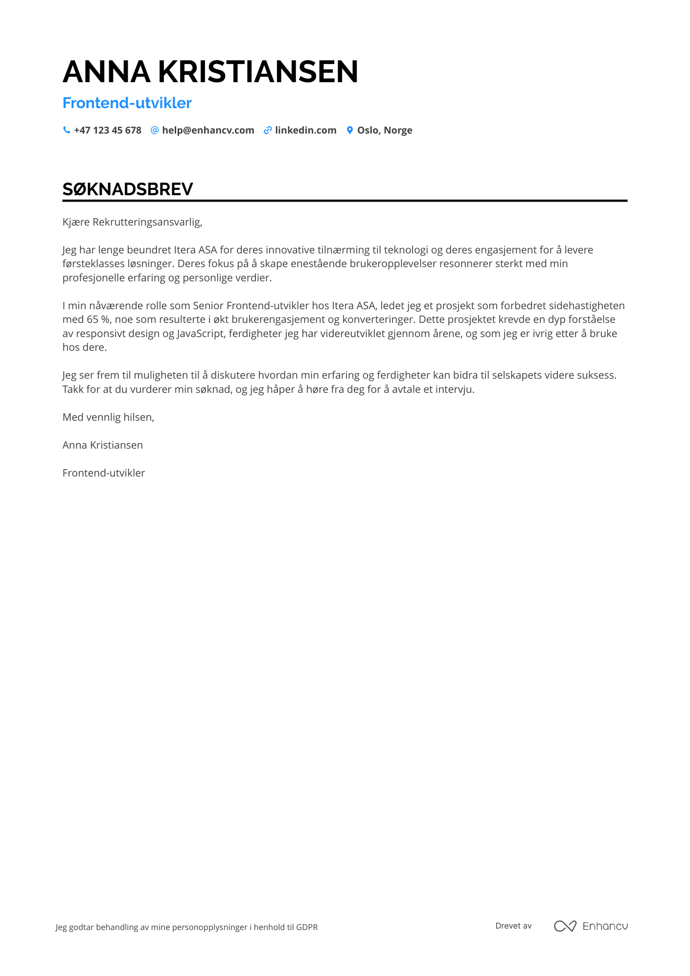 Frontend‑utvikler Søknadsbrev