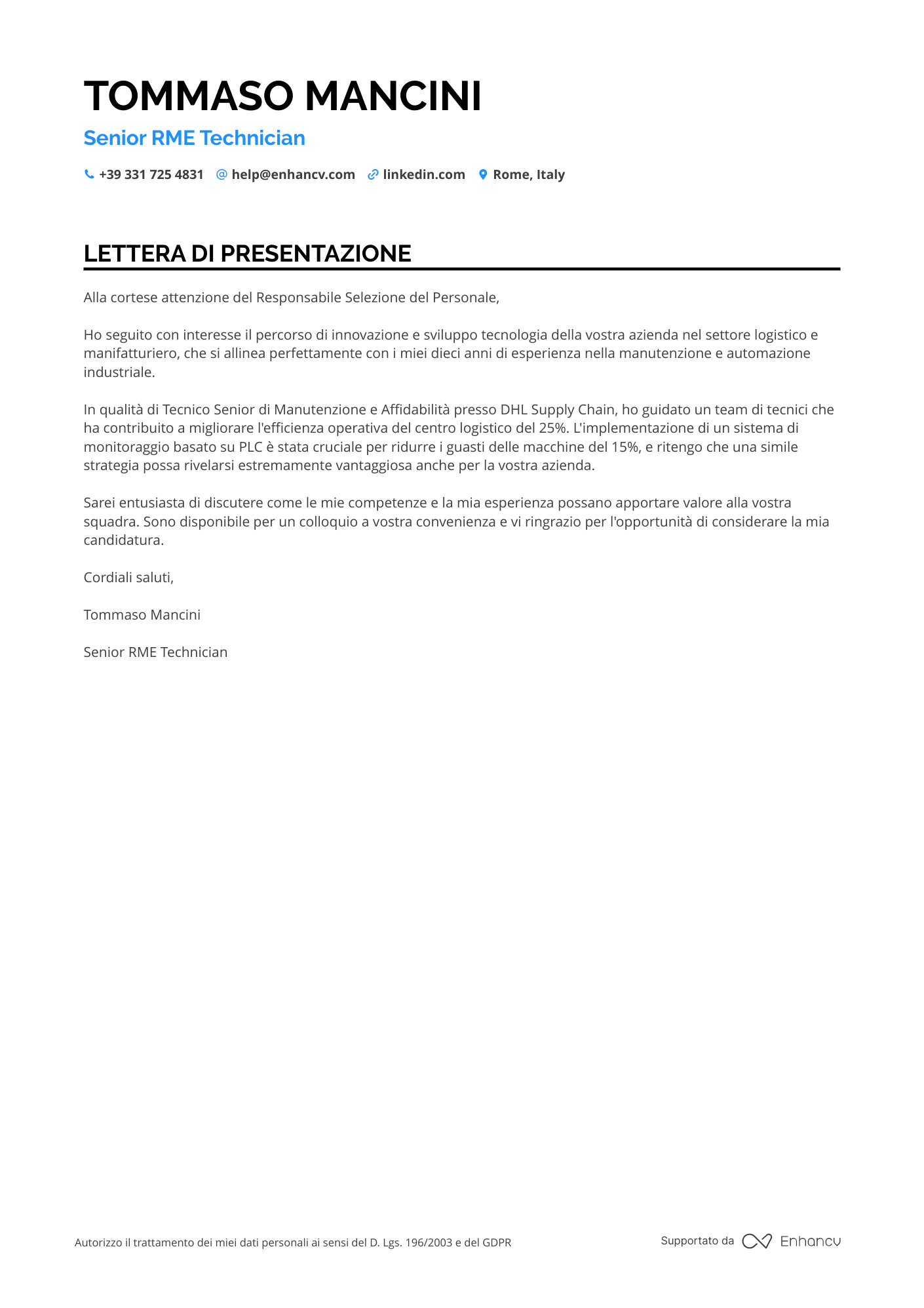 Militare Lettera di presentazione