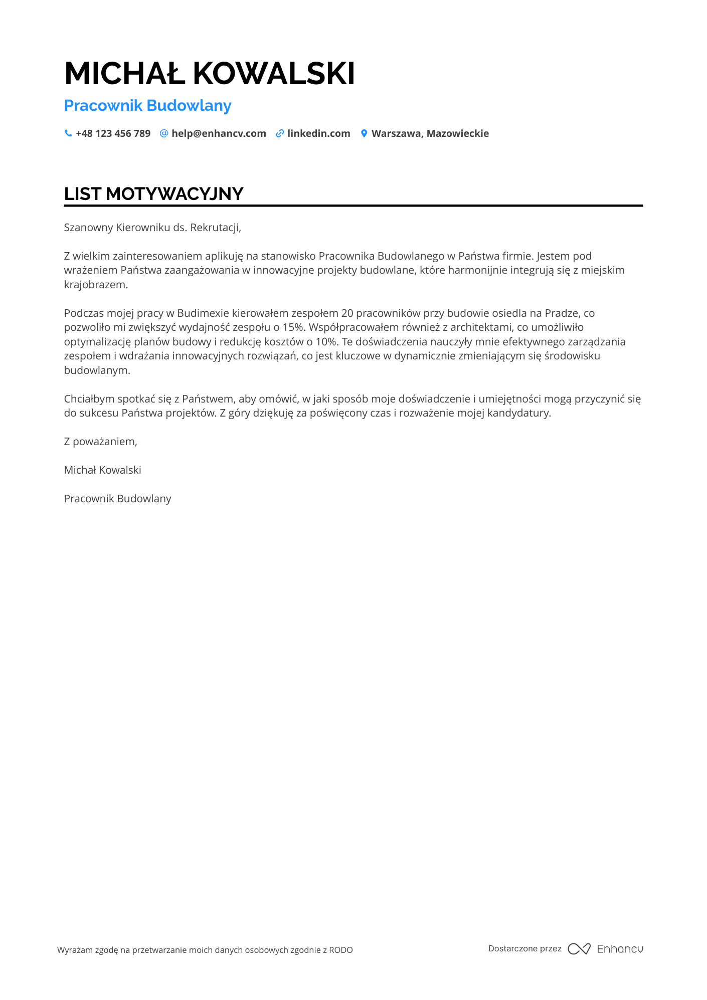 Pracownik Budowlany List motywacyjny