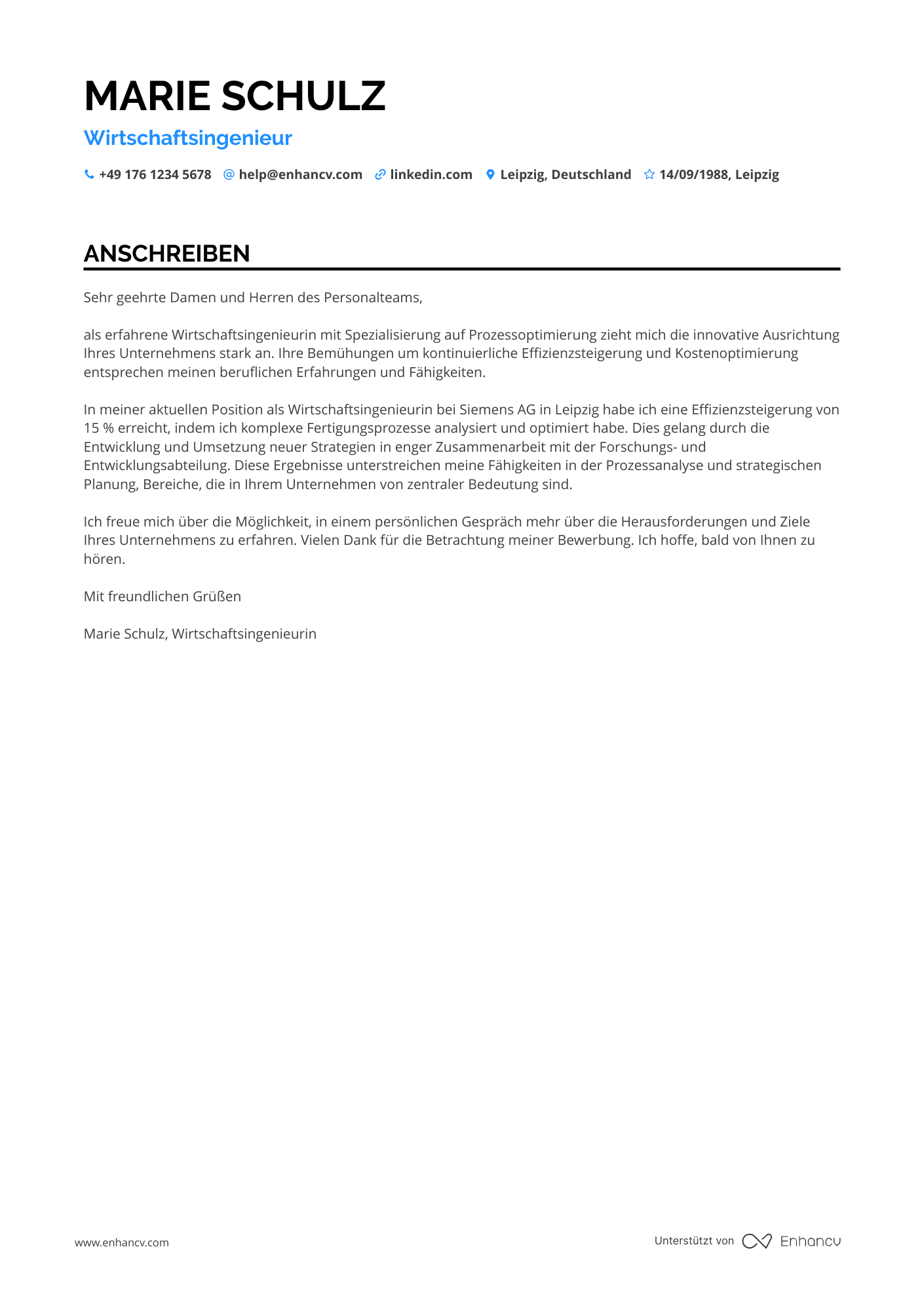Wirtschaftsingenieur Anschreiben