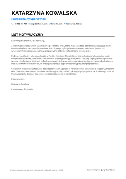 Sportowiec List motywacyjny