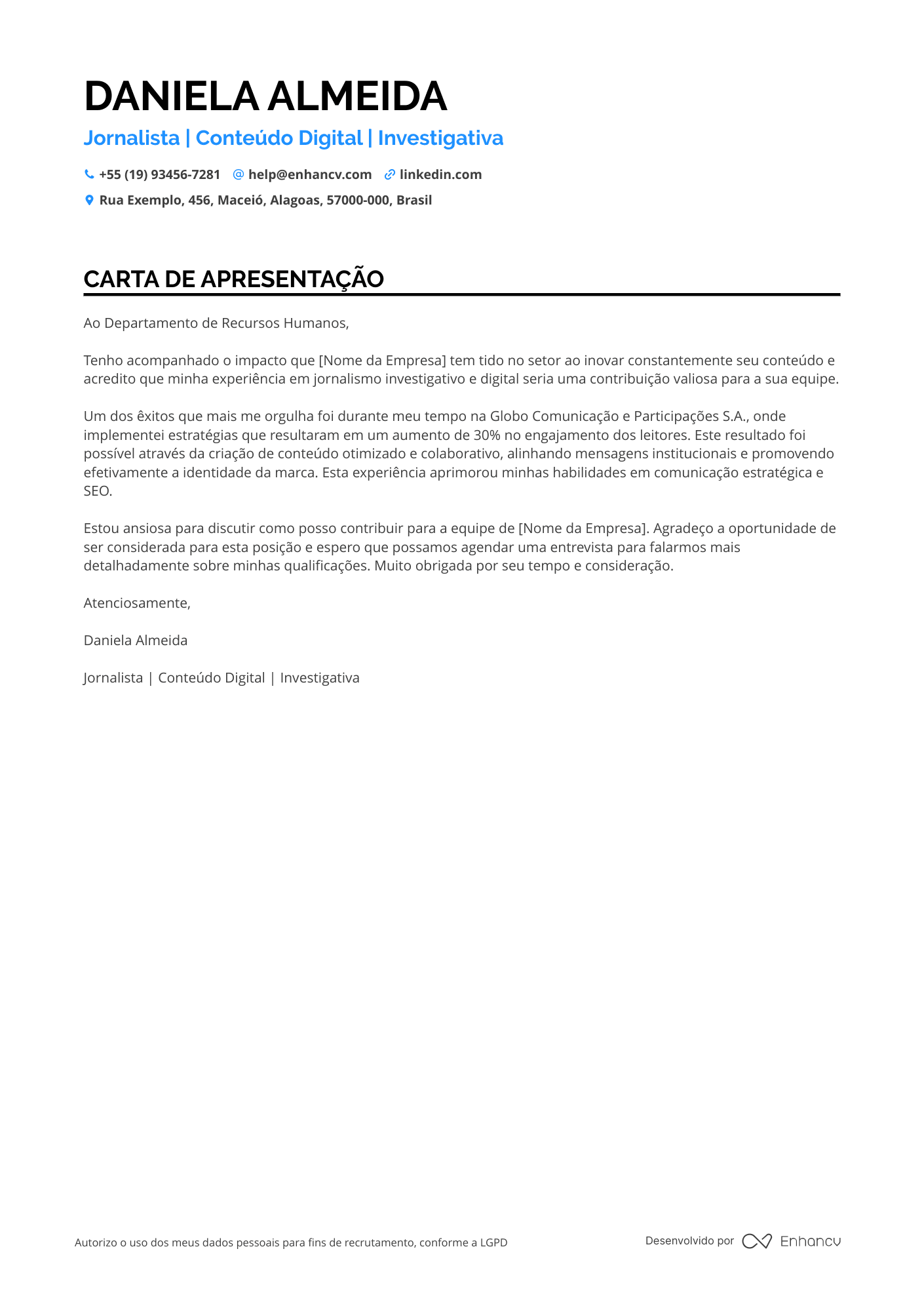 Jornalista Carta de apresentação
