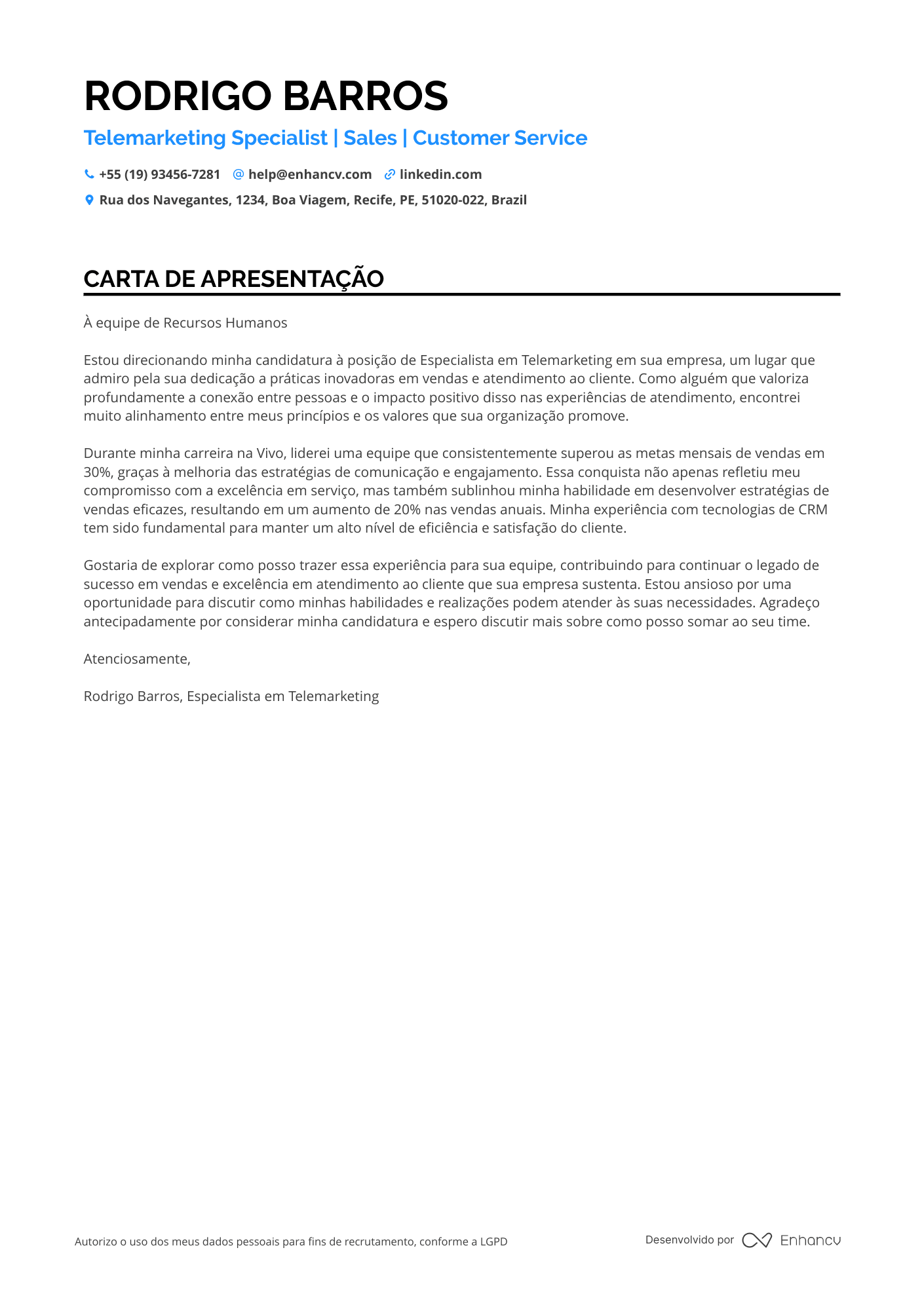 Telemarketing Carta de apresentação