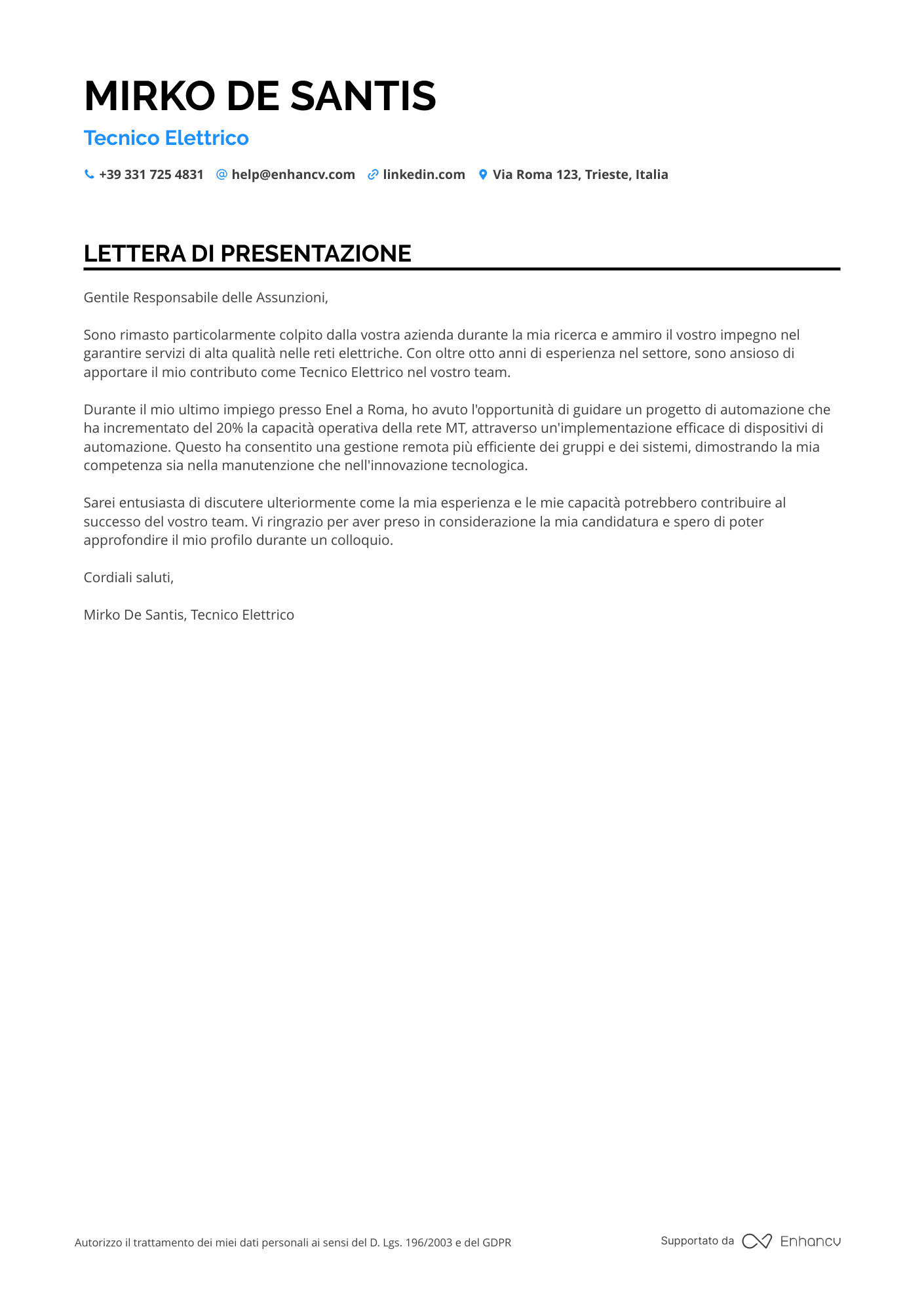 Elettricista Lettera di presentazione