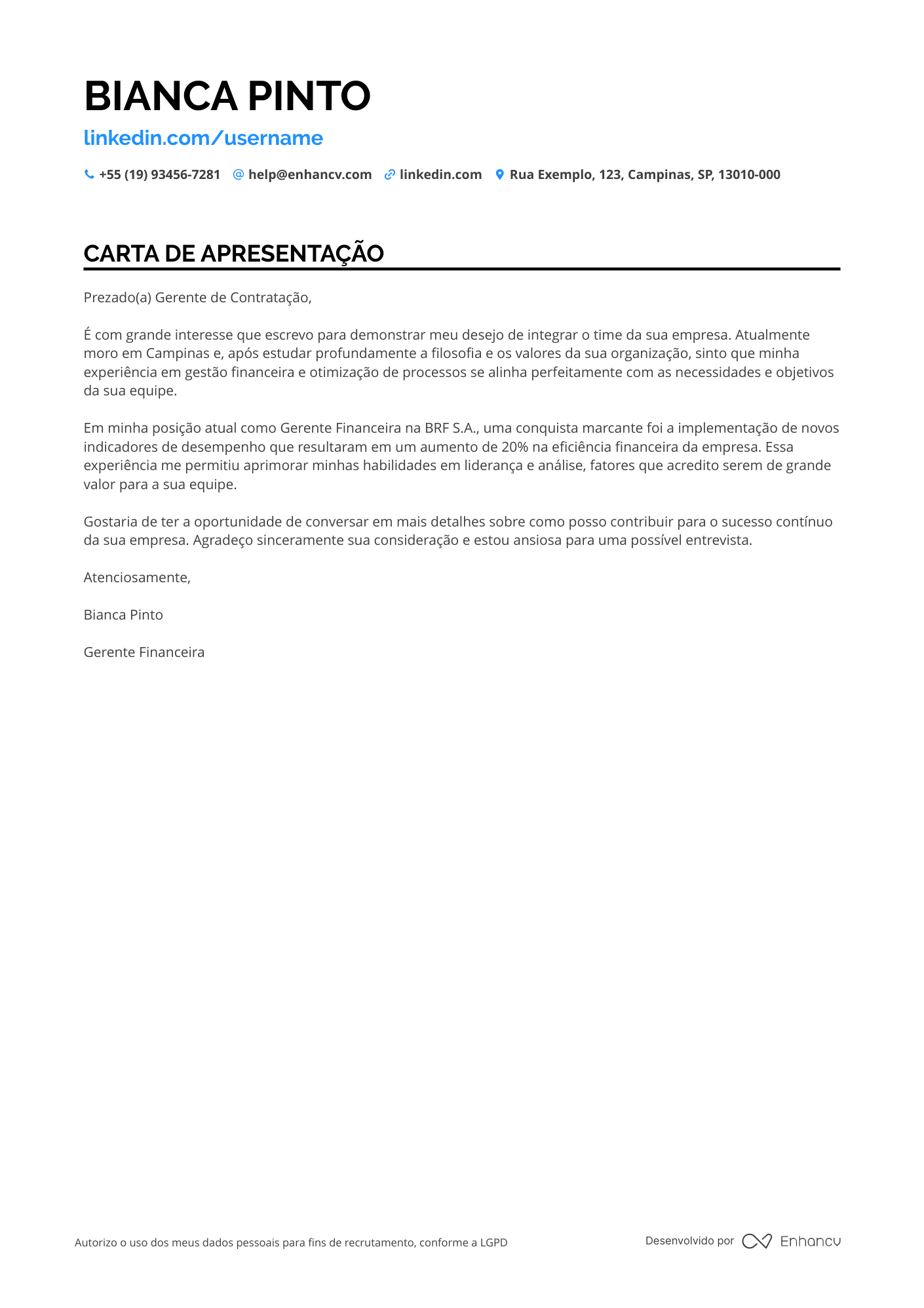 Supervisor Carta de apresentação