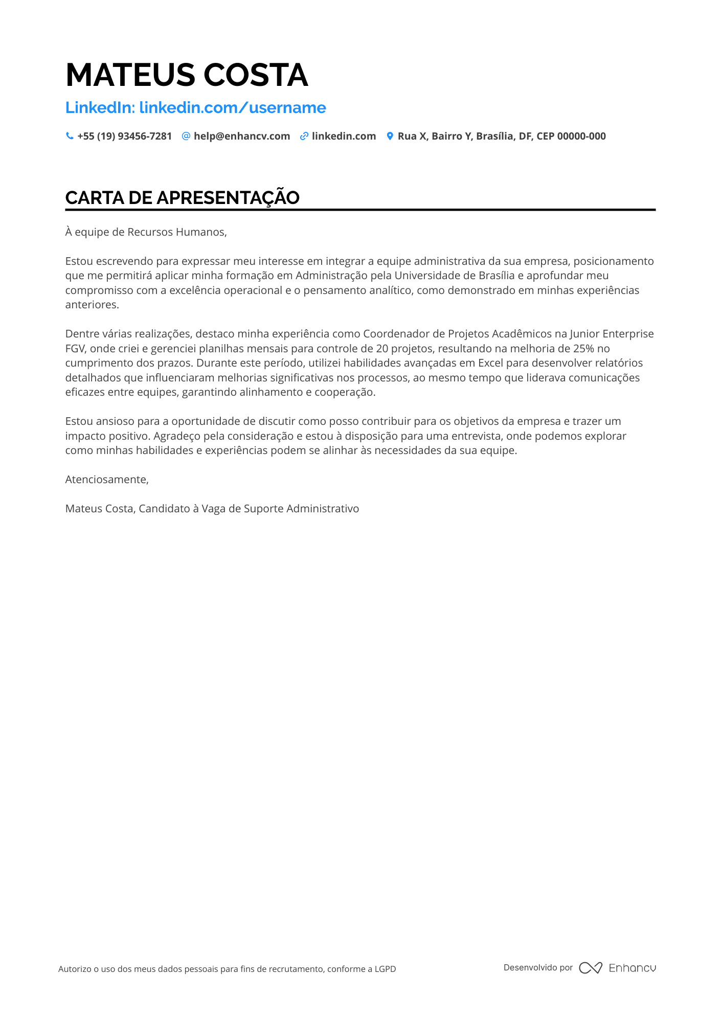 Estagiário Carta de apresentação