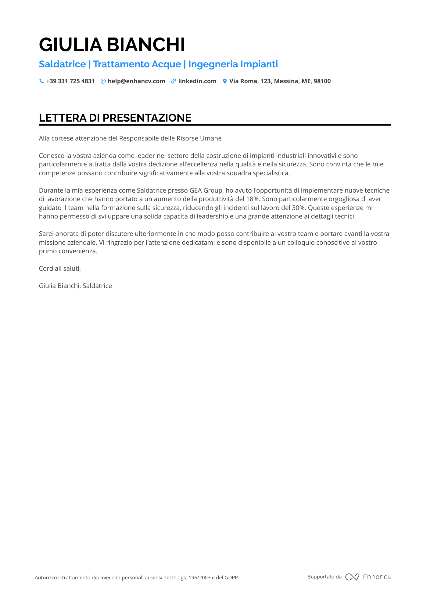 Saldatore Lettera di presentazione