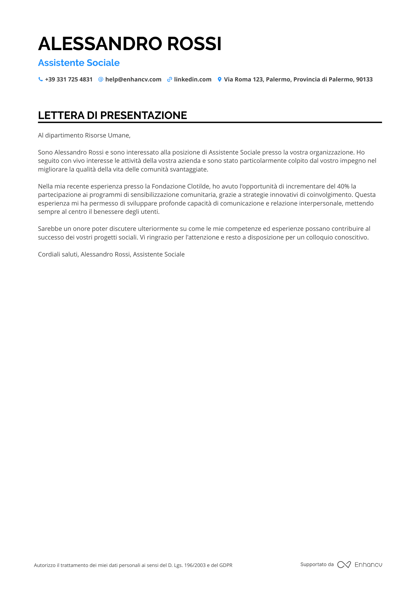 Assistente Sociale Lettera di presentazione