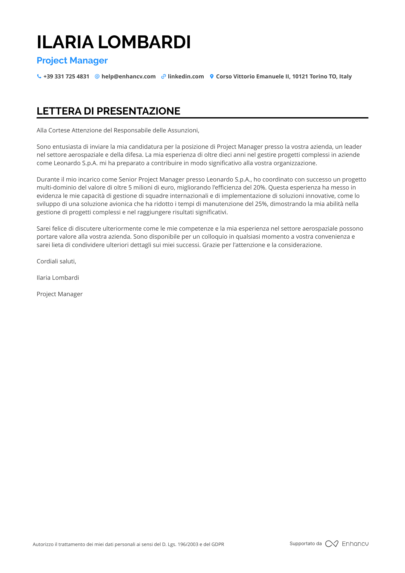 Ingegnere Meccanico Lettera di presentazione