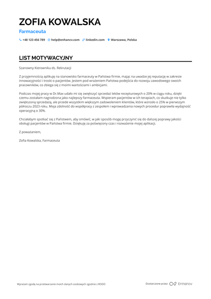 Farmaceuta List motywacyjny