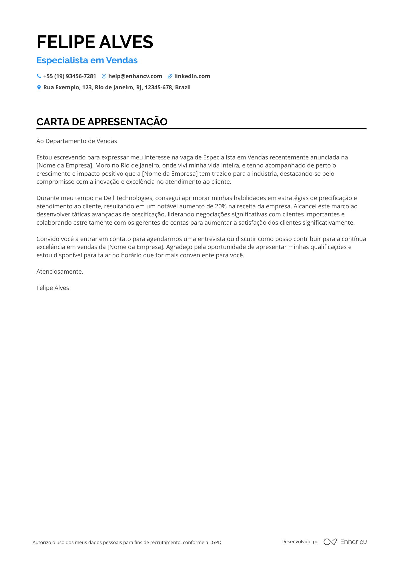 Vendedor Carta de apresentação
