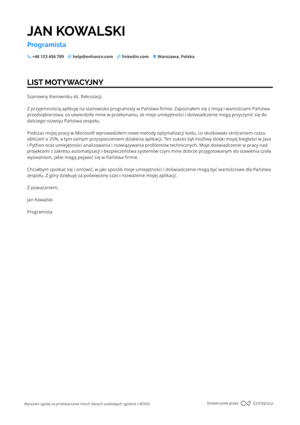 Programista List motywacyjny
