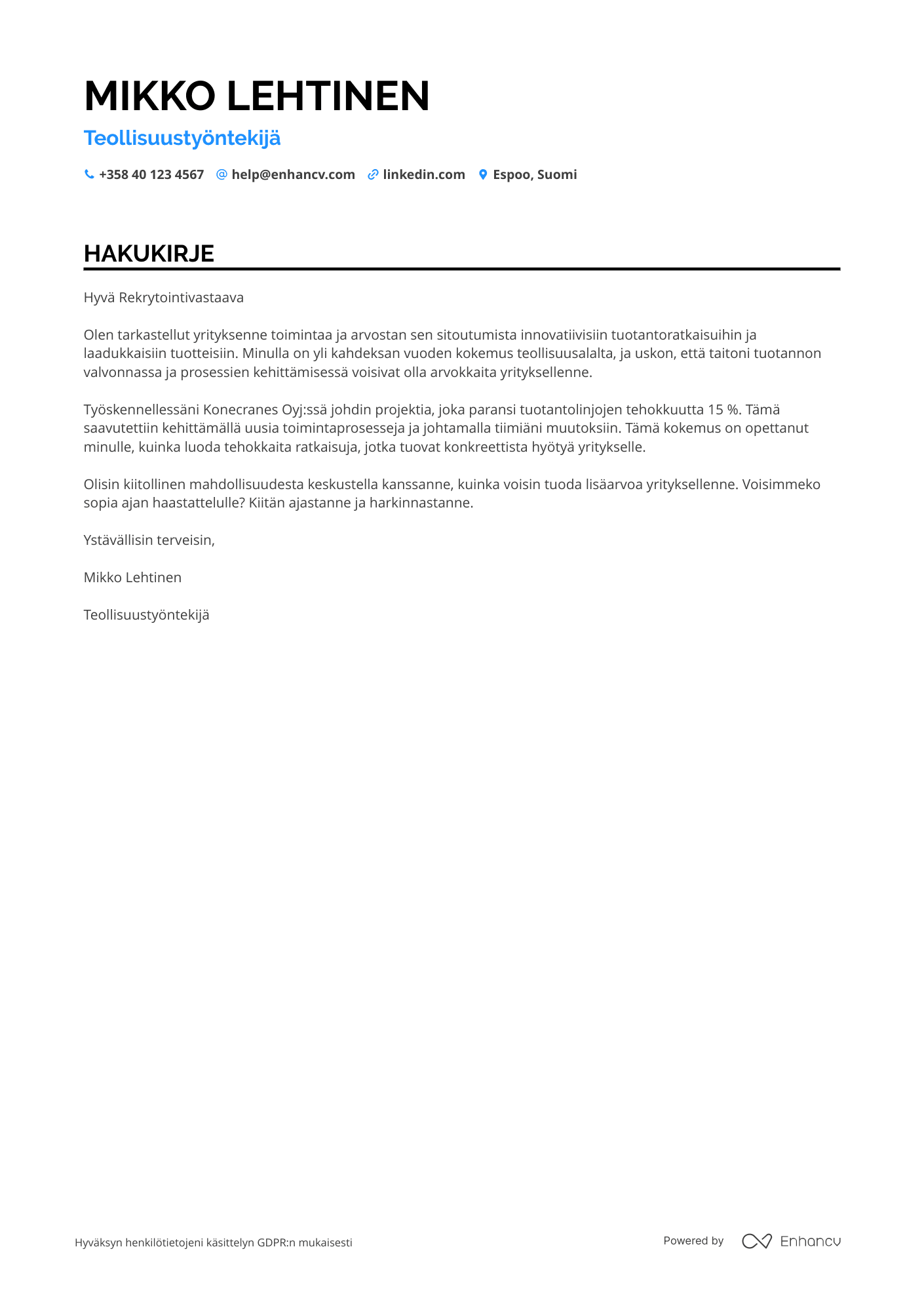 Teollisuustyöntekijä Hakukirje