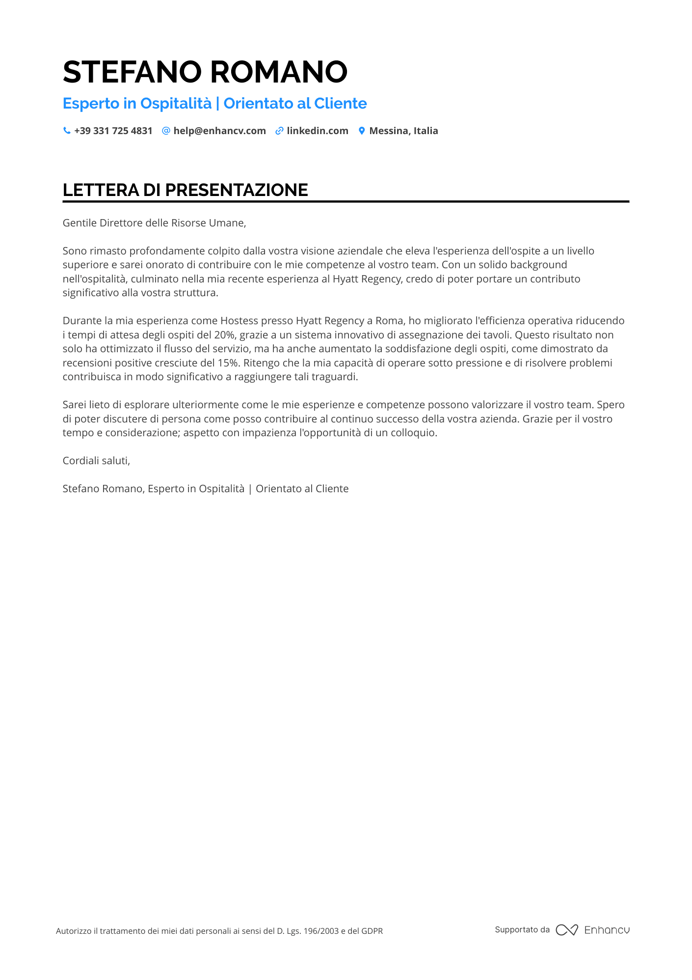 Hostess Lettera di presentazione