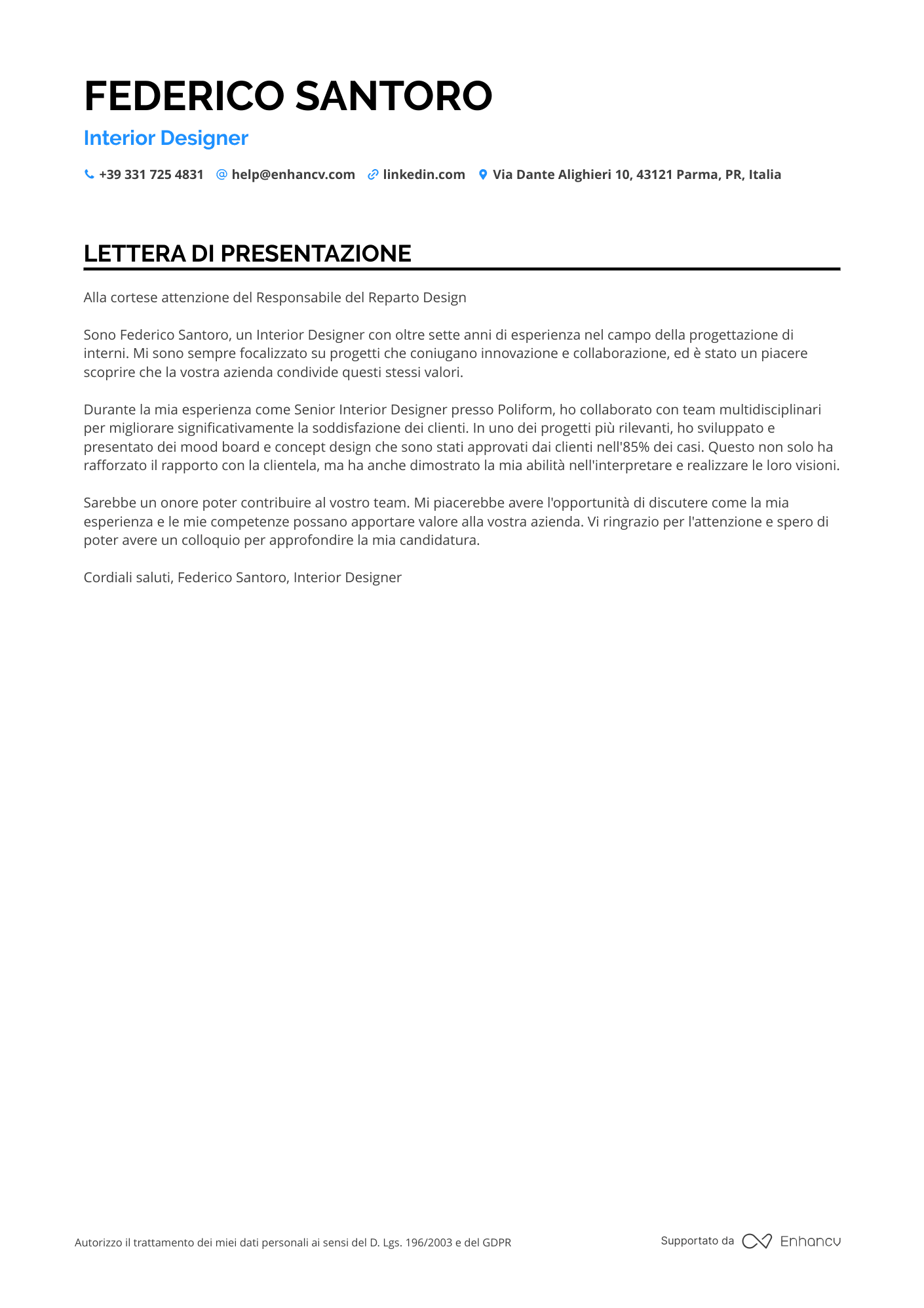 Interior Designer Lettera di presentazione