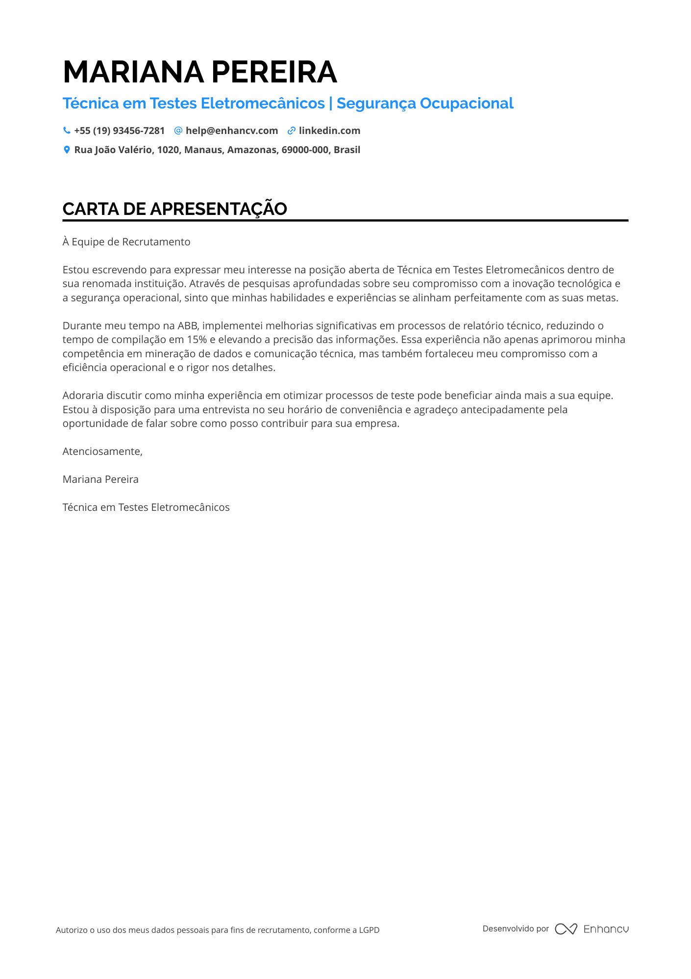 Inspetor de Qualidade Carta de apresentação
