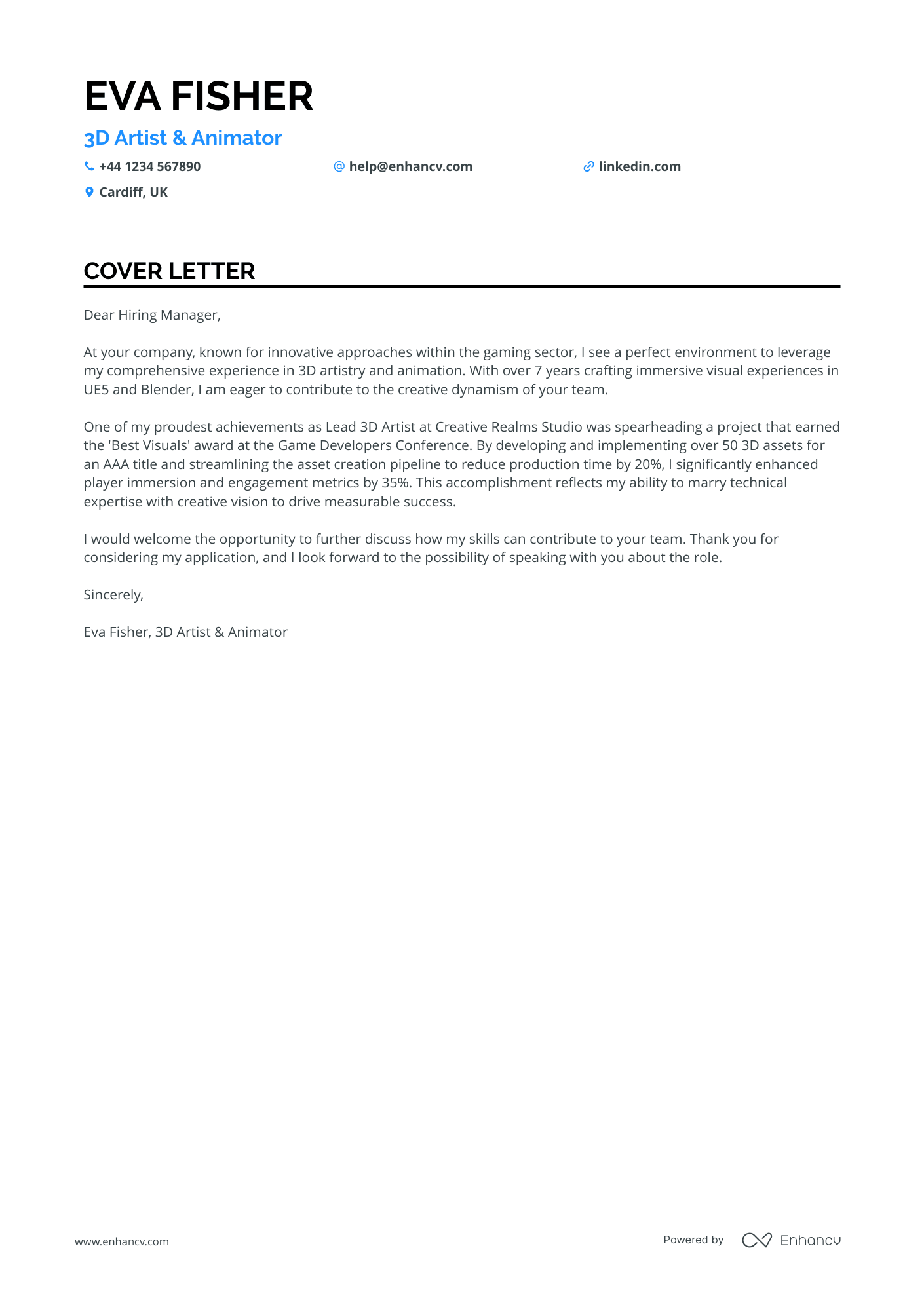 3D Artist cover letter